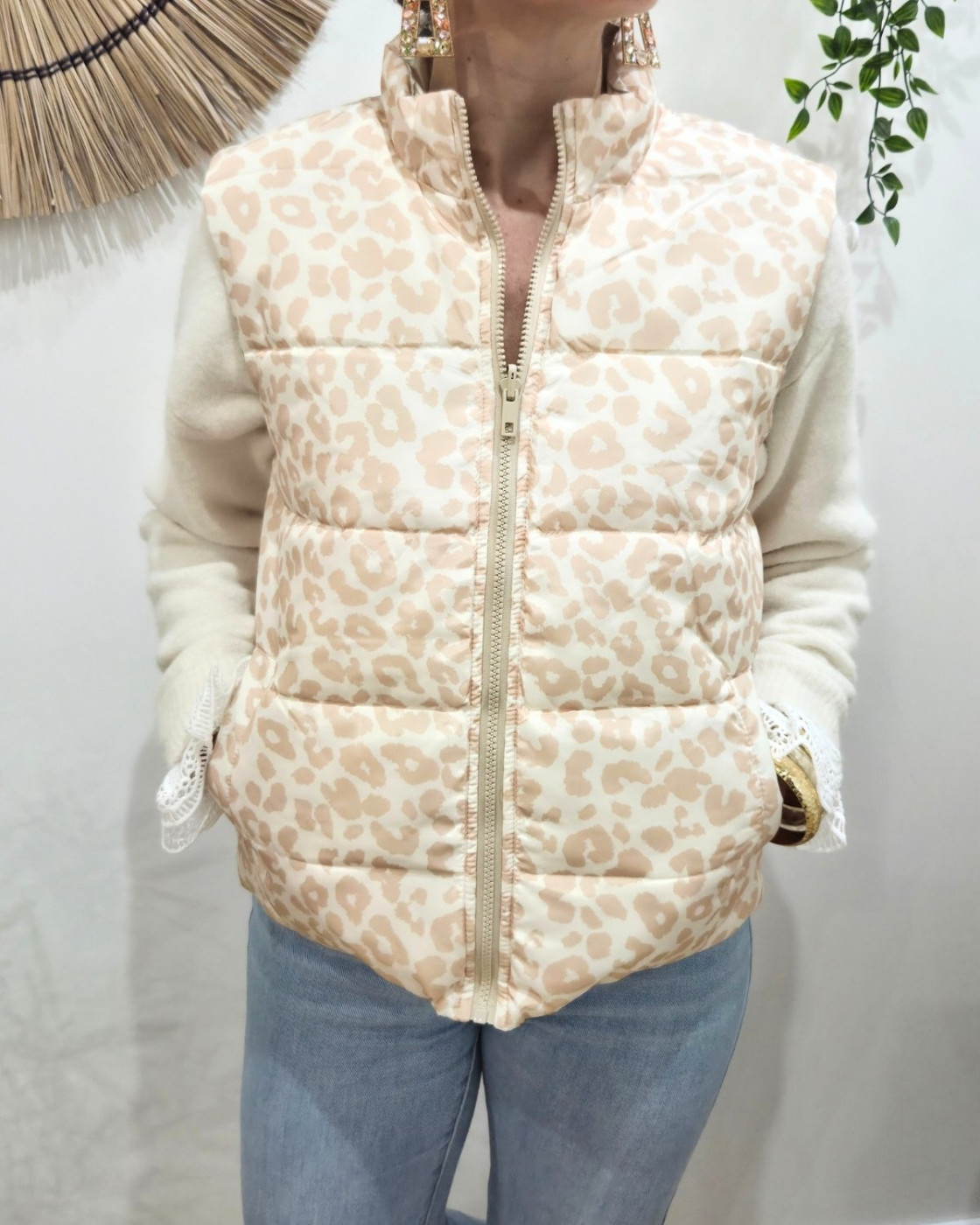 Doudoune femme sans manches dorée et léopard beige réversible
