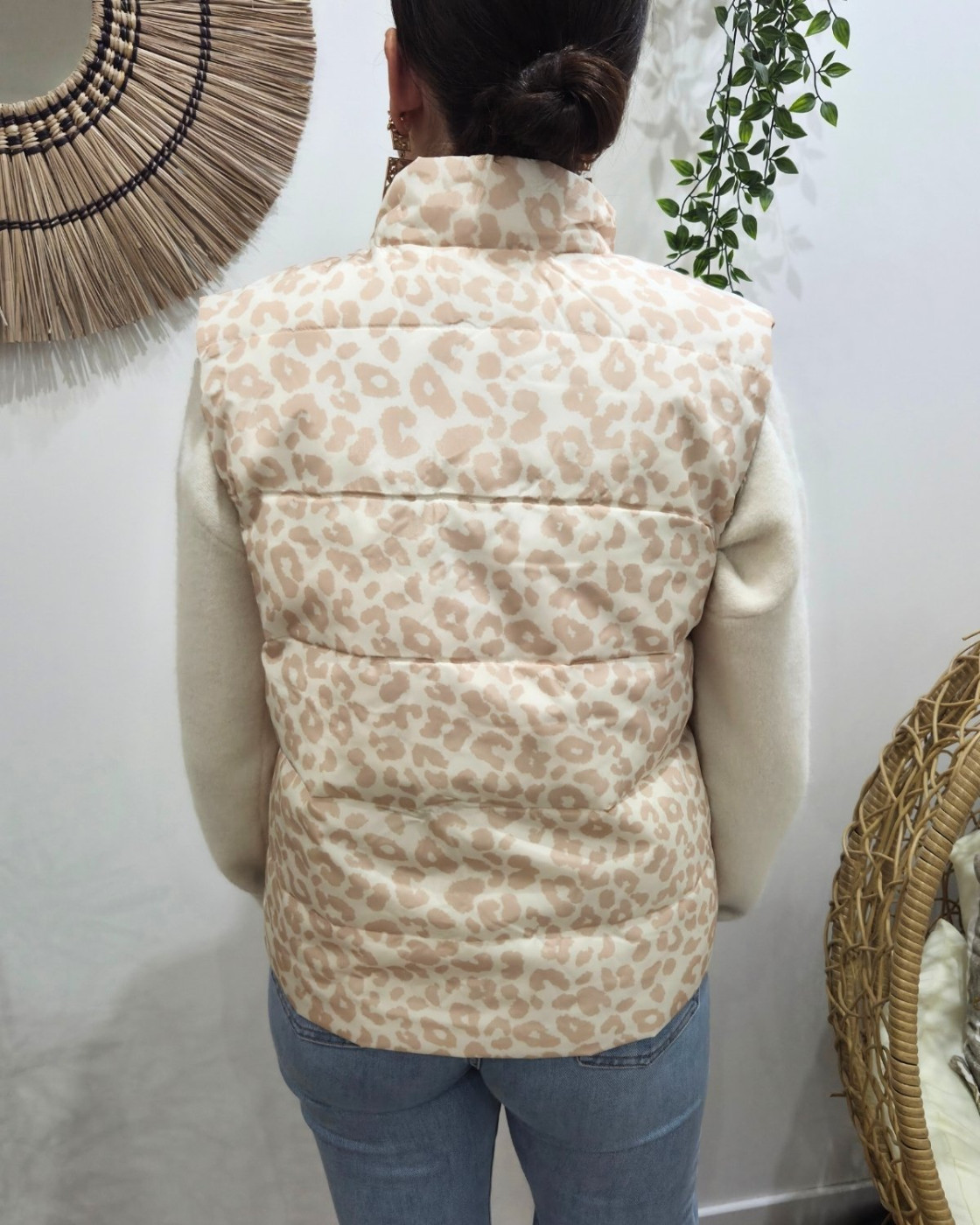 Doudoune femme sans manches dorée et léopard beige réversible