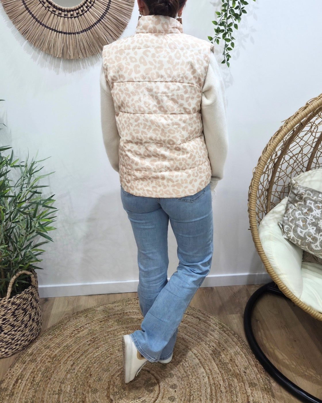 Doudoune femme sans manches dorée et léopard beige réversible