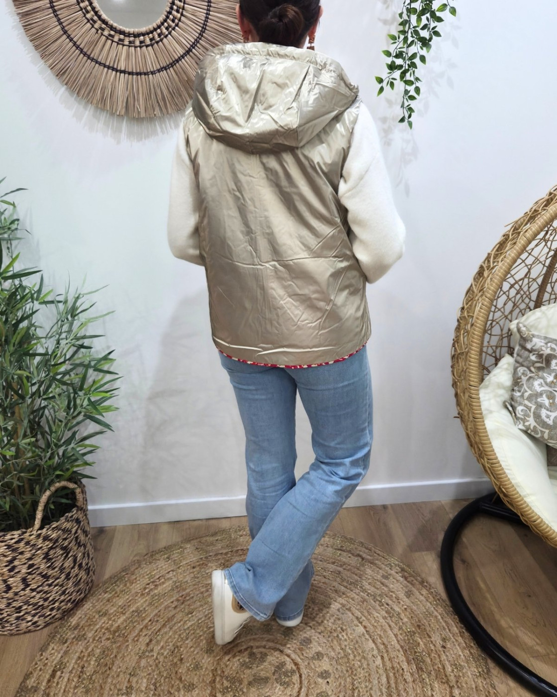 Doudoune femme sans manches dorée et motifs fuchsias orangés réversible