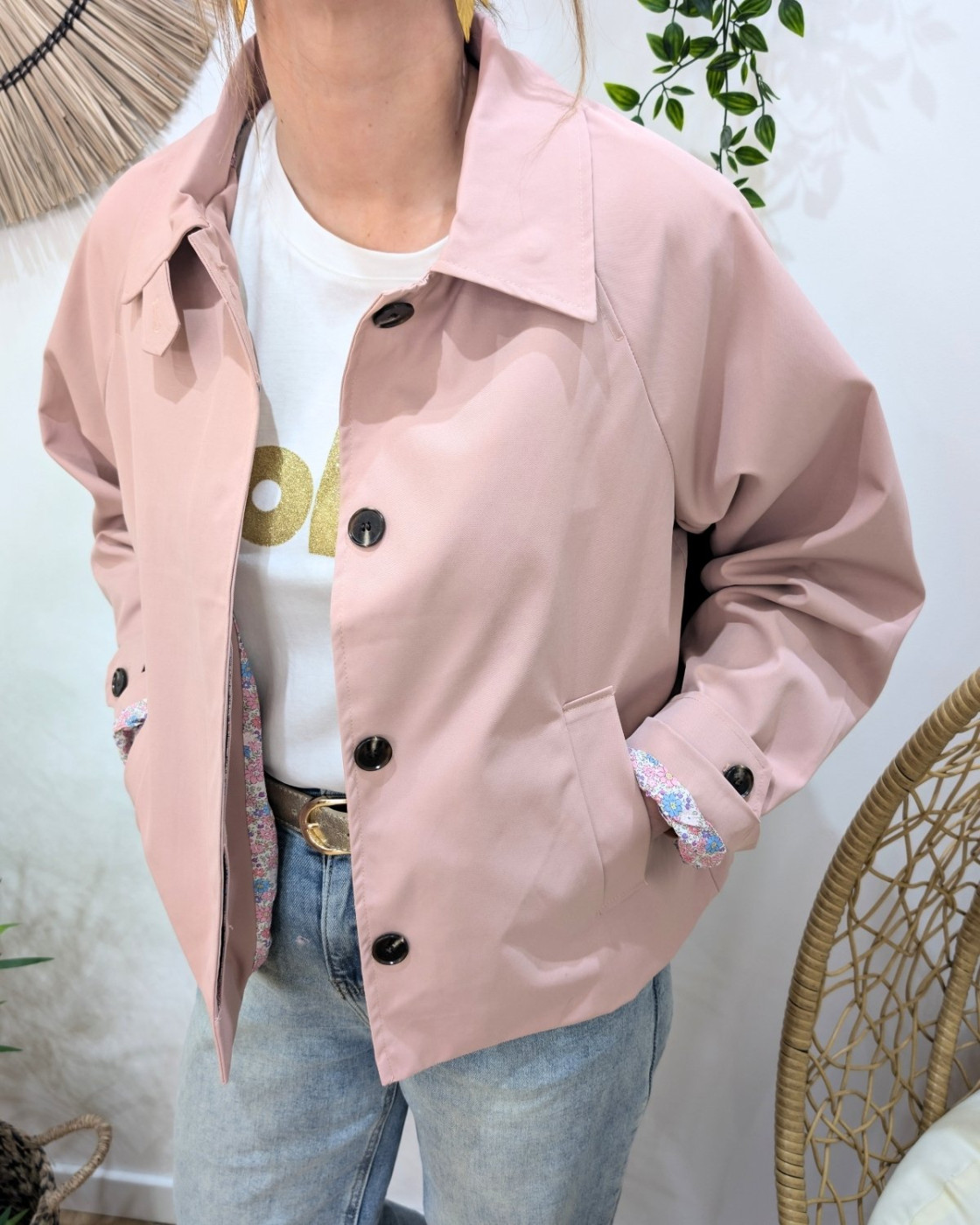 Manteau femme trench court rose intérieur liberty