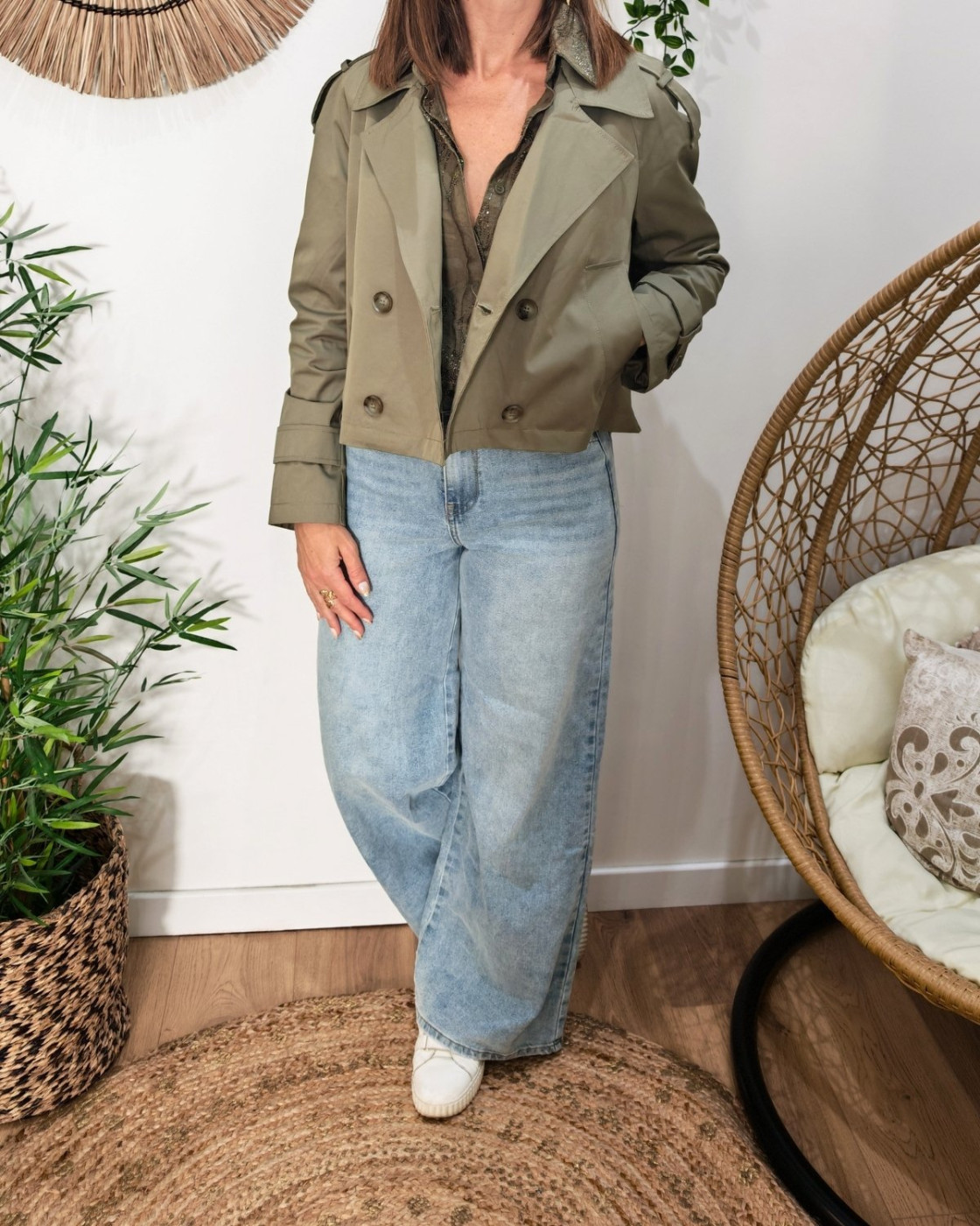 Manteau femme trench court kaki