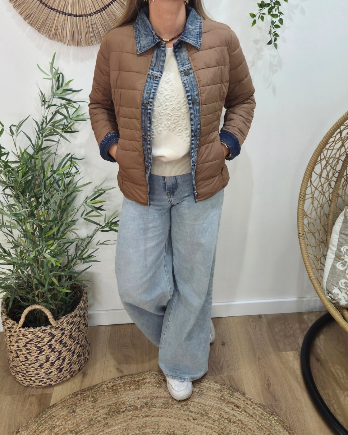 Doudoune femme marron café rebords jeans