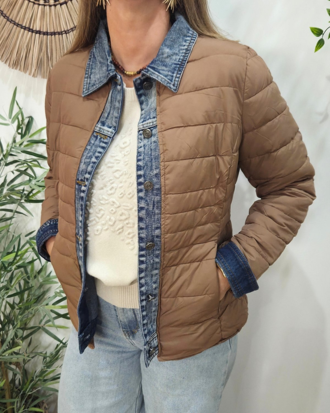Doudoune femme marron café rebords jeans