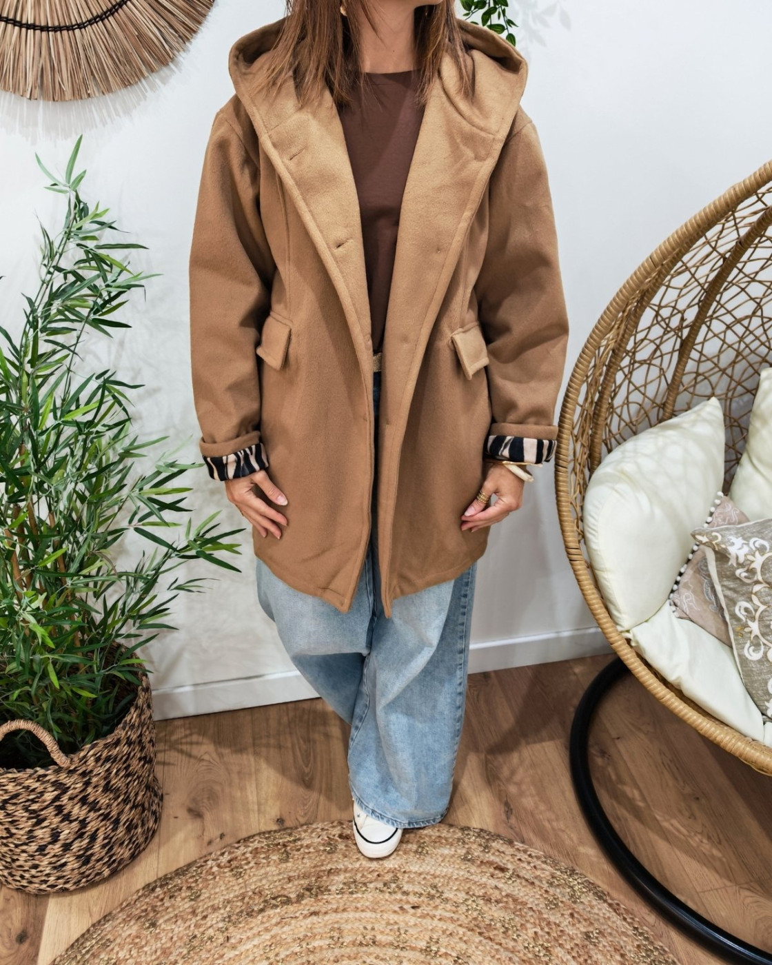 Manteau long femme à capuche étoile zébrée