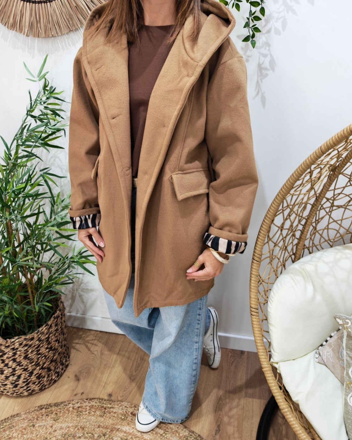 Manteau long femme à capuche étoile zébrée