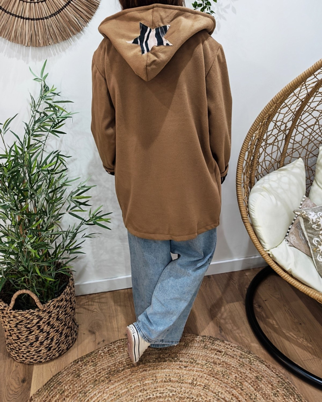 Manteau long femme à capuche étoile zébrée