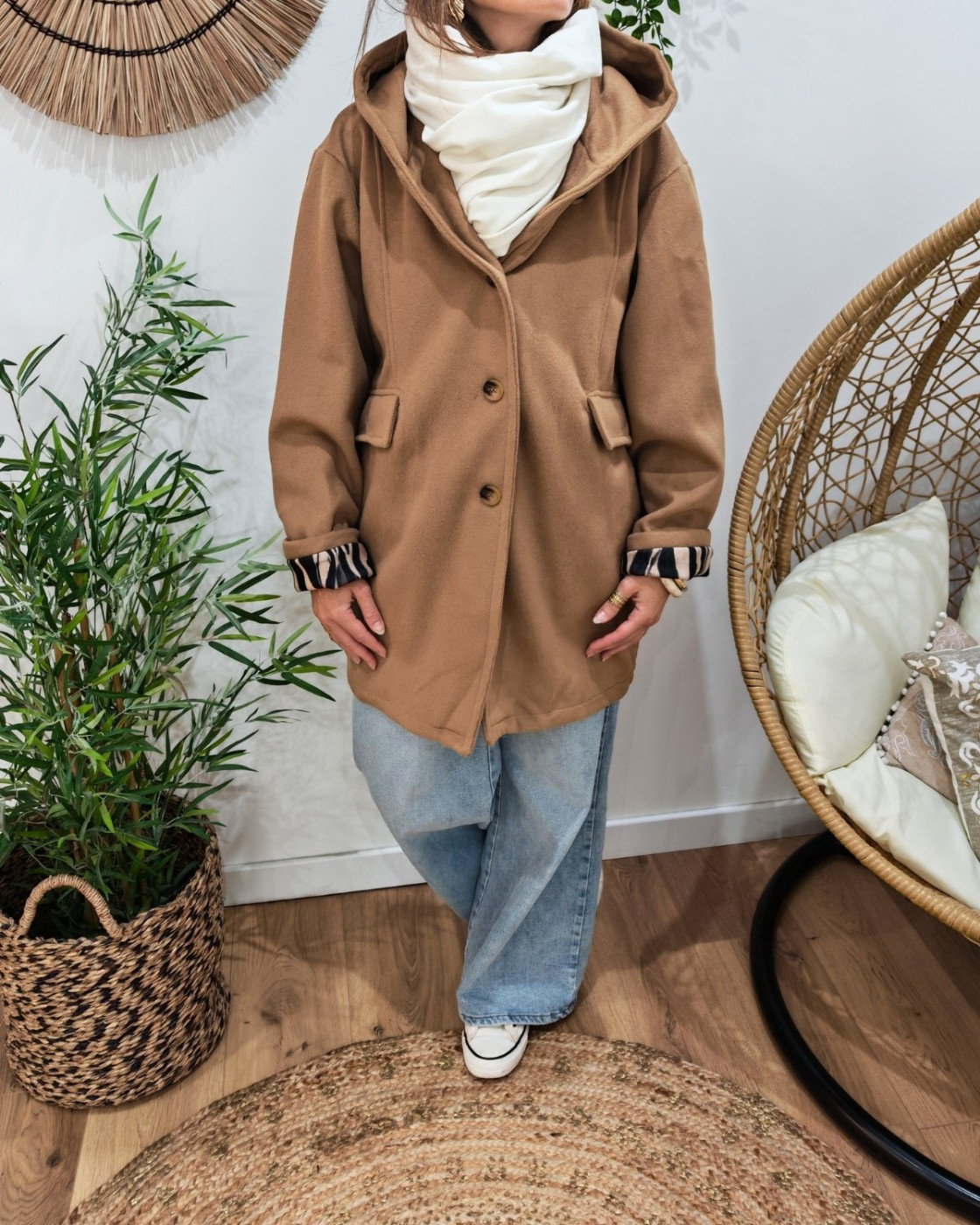 Manteau long femme à capuche étoile zébrée