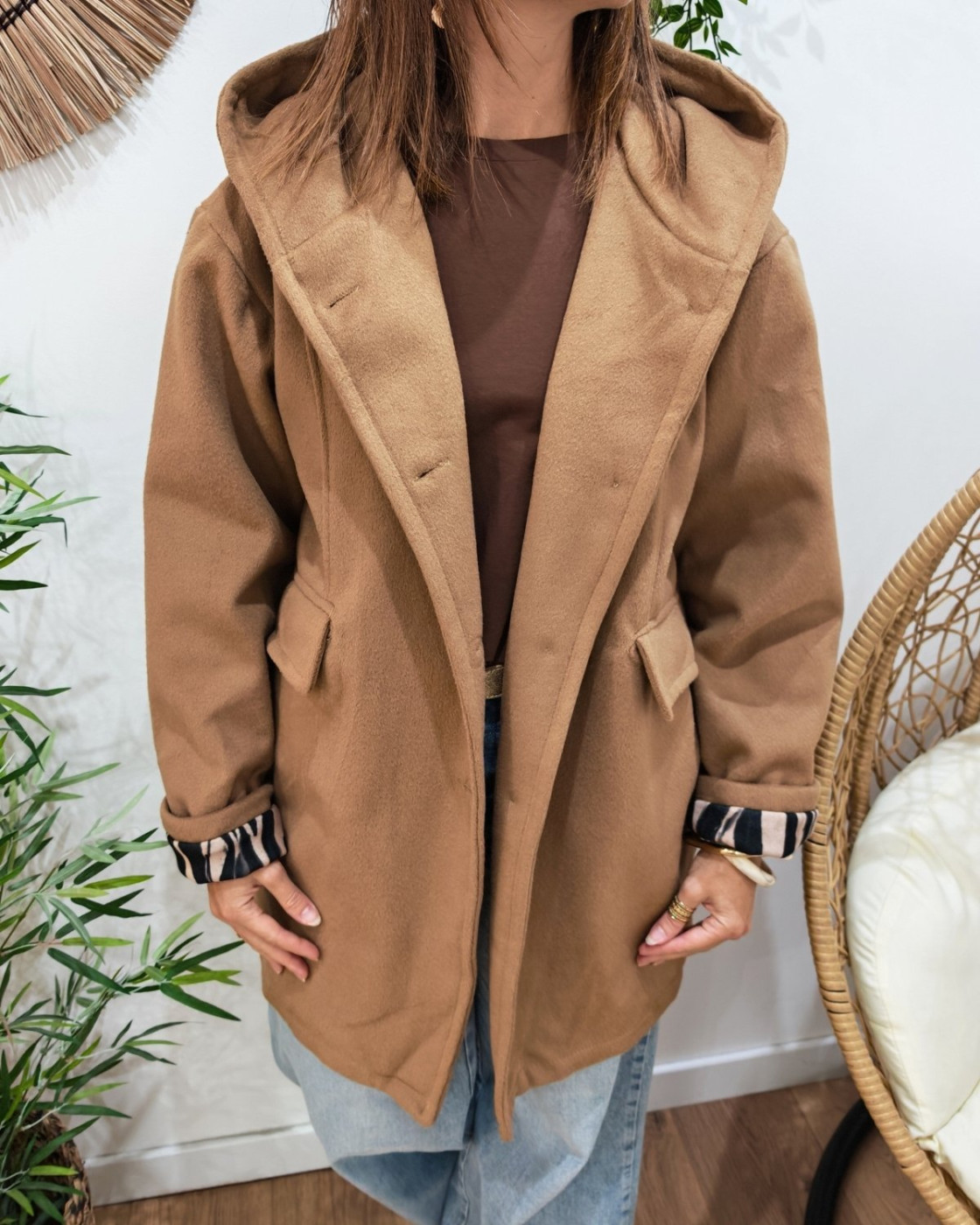 Manteau long femme à capuche étoile zébrée