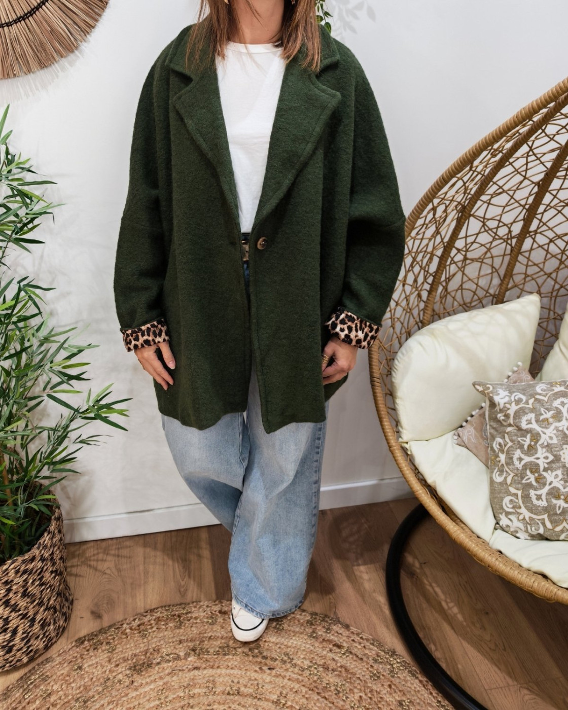 Manteau long femme dos étoile et manches léopard