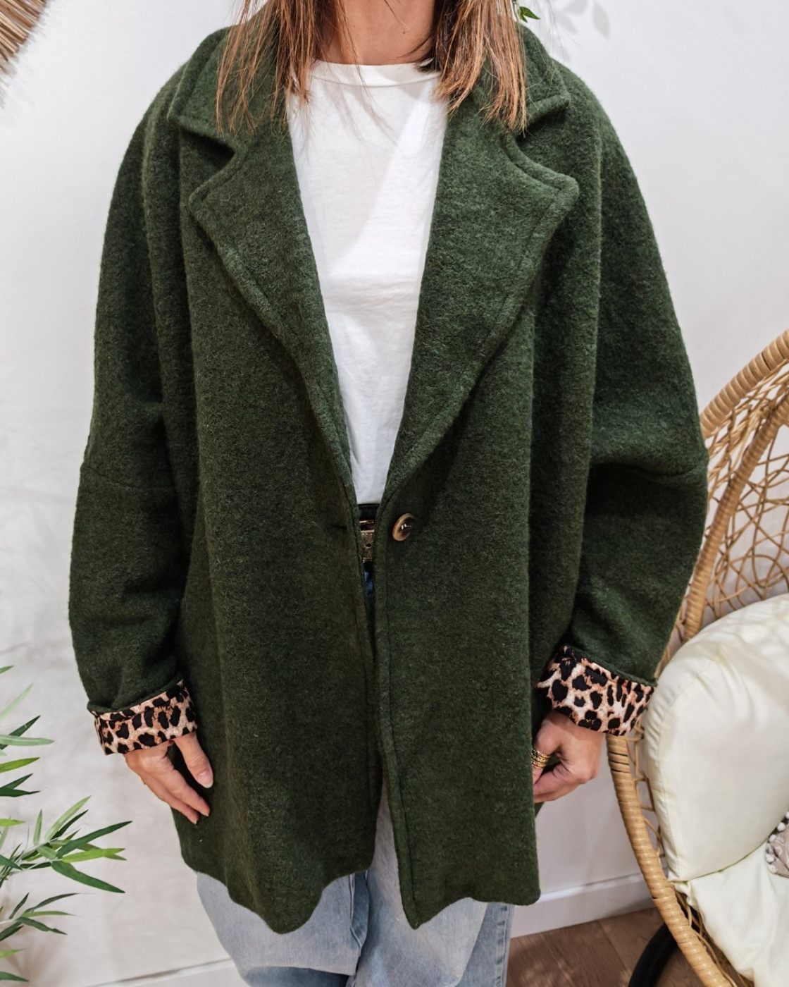 Manteau long femme dos étoile et manches léopard