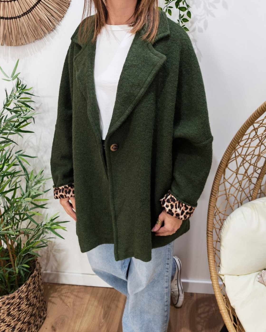 Manteau long femme dos étoile et manches léopard