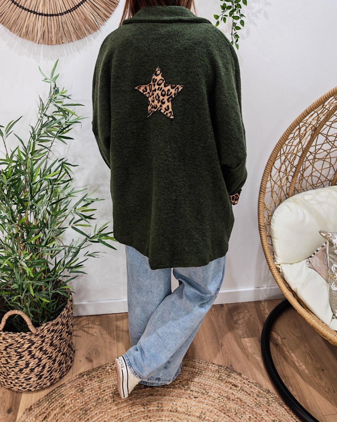 Manteau long femme dos étoile et manches léopard