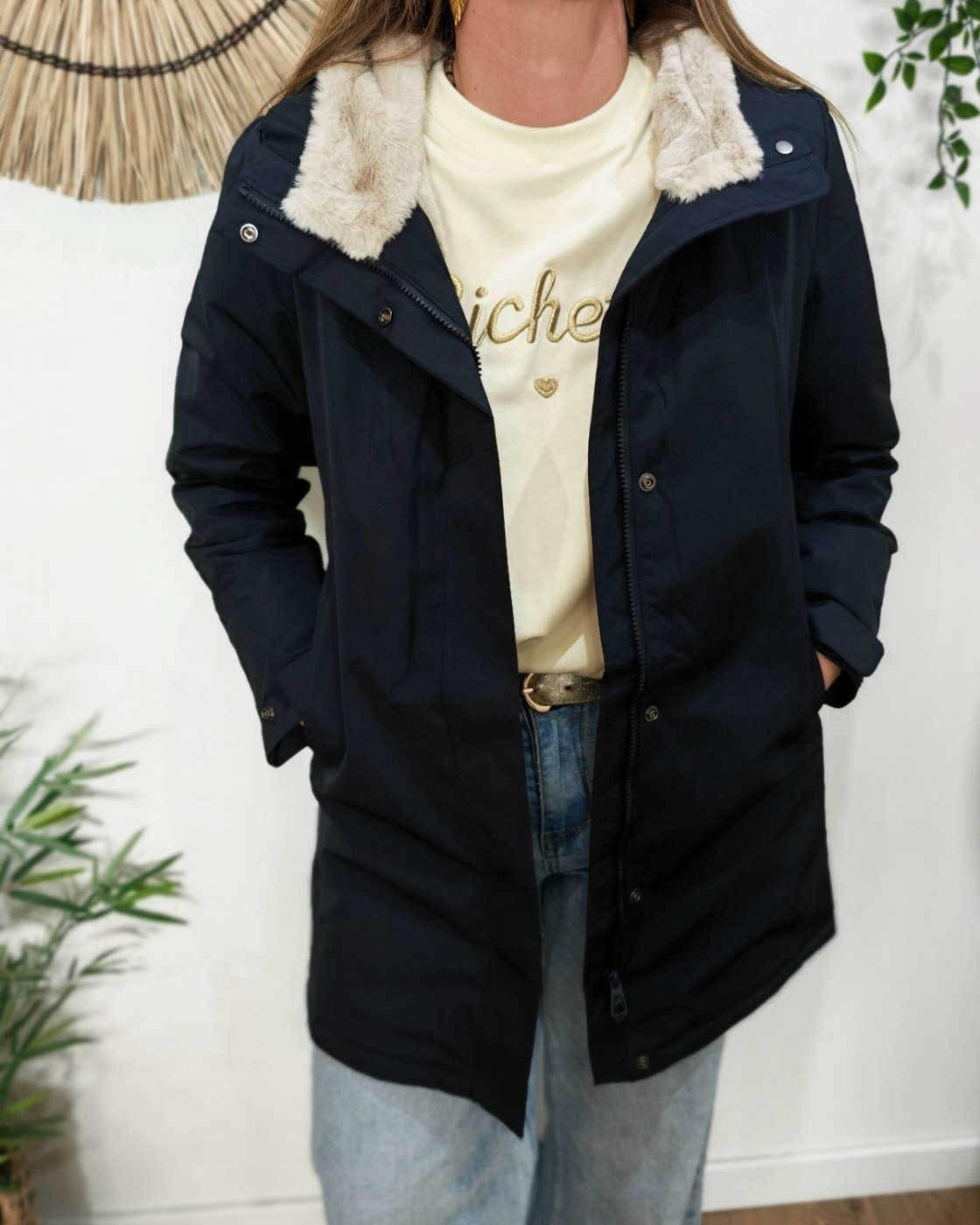 Parka longue femme marine fourrée beige Branca