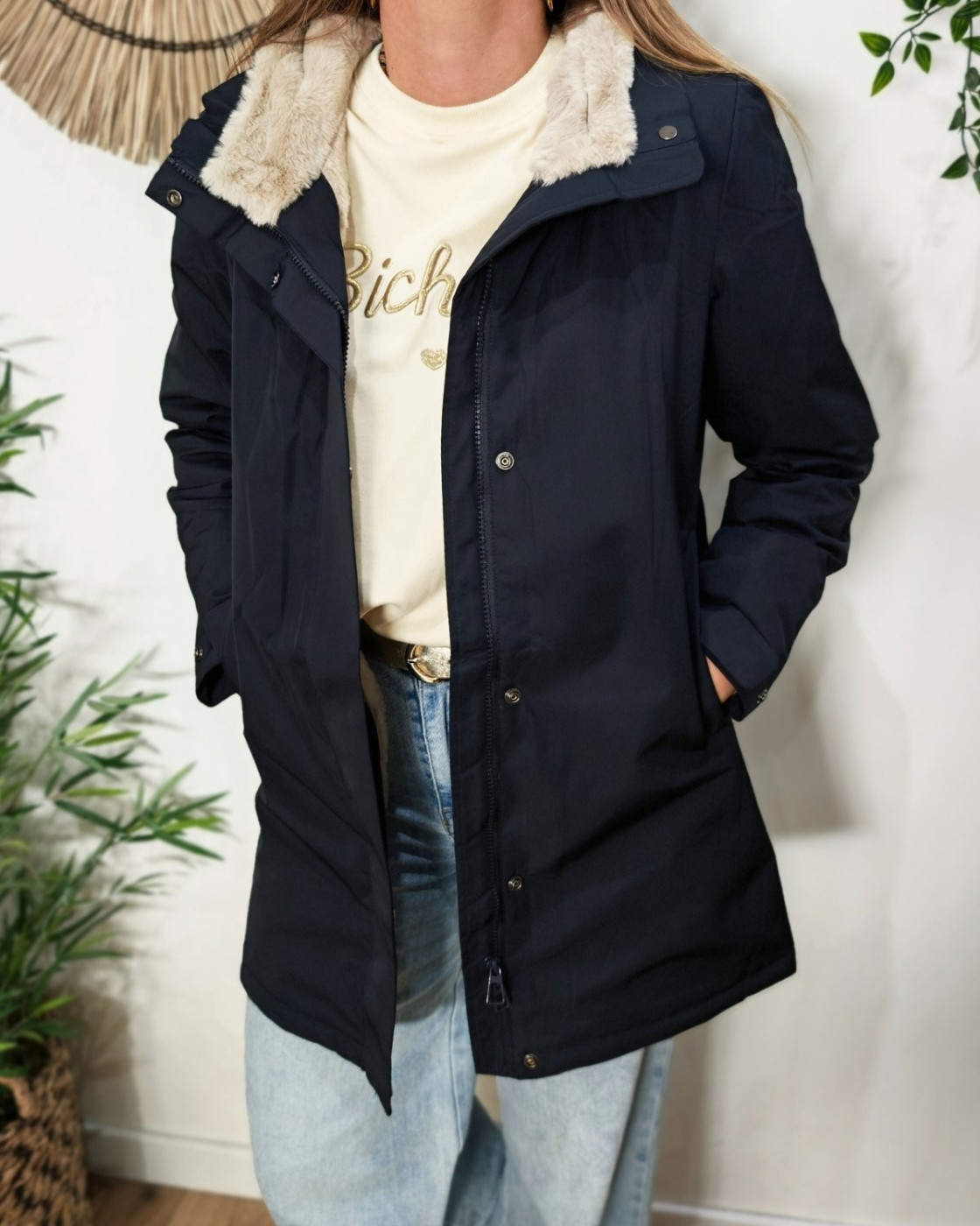 Parka longue femme marine fourrée beige Branca