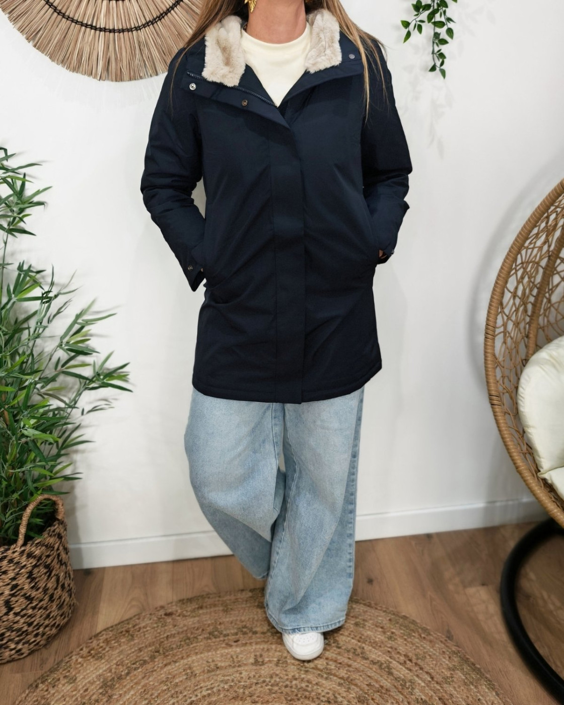 Parka longue femme marine fourrée beige Branca