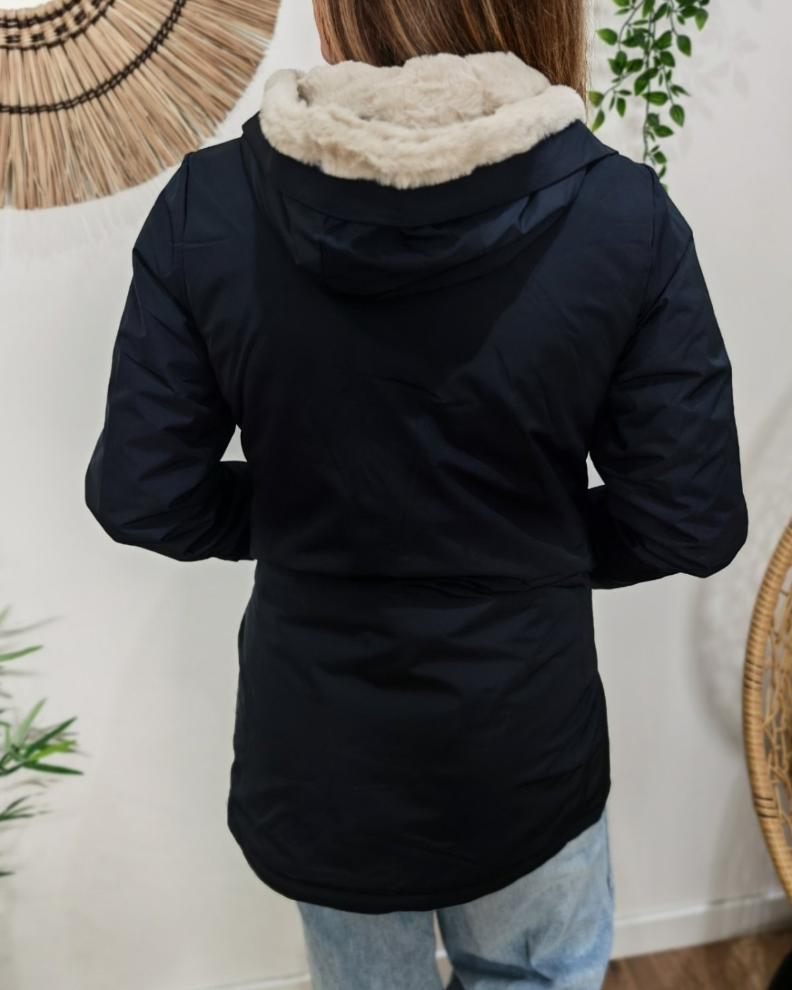 Parka longue femme marine fourrée beige Branca