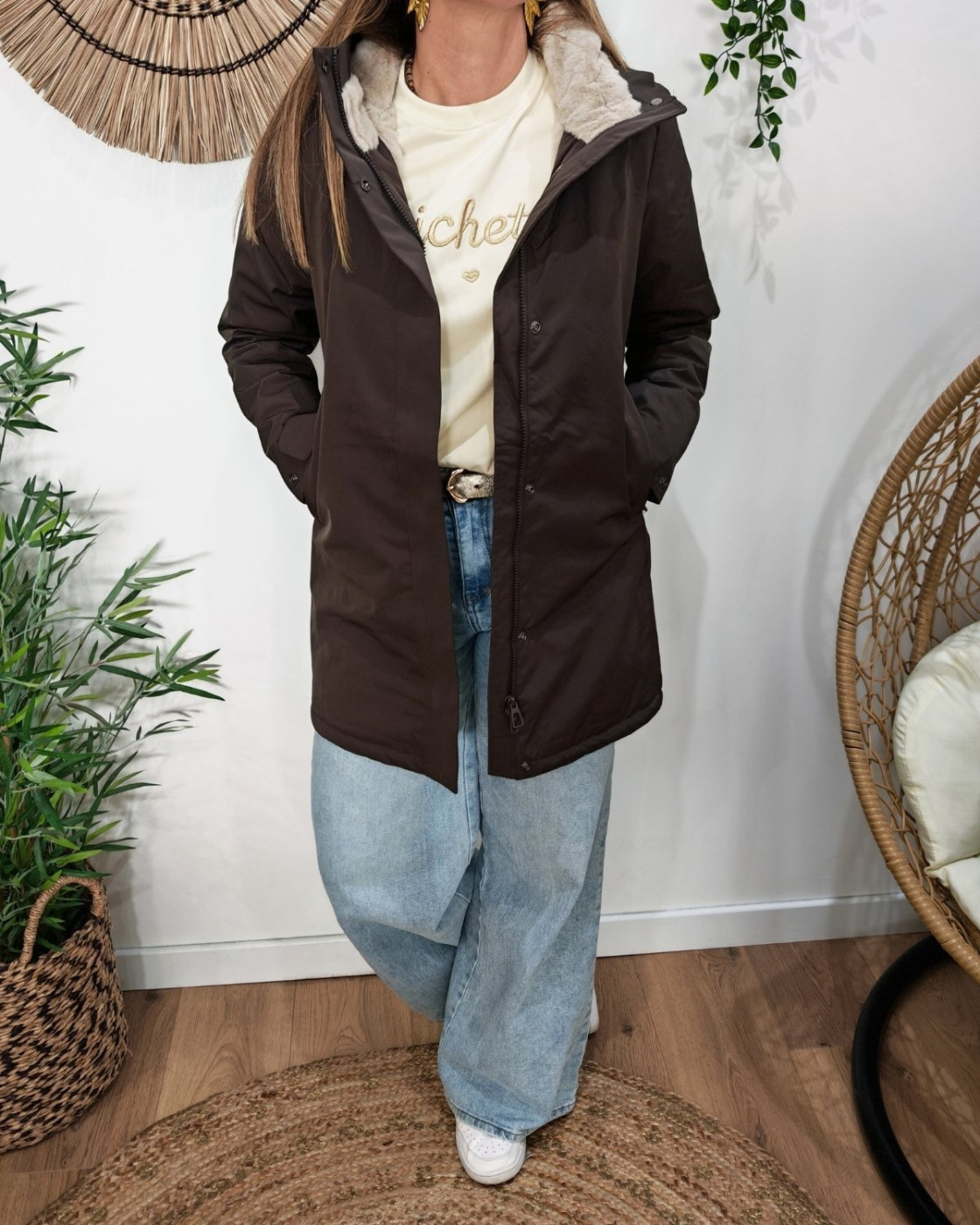 Parka longue femme marron fourrée beige Branca