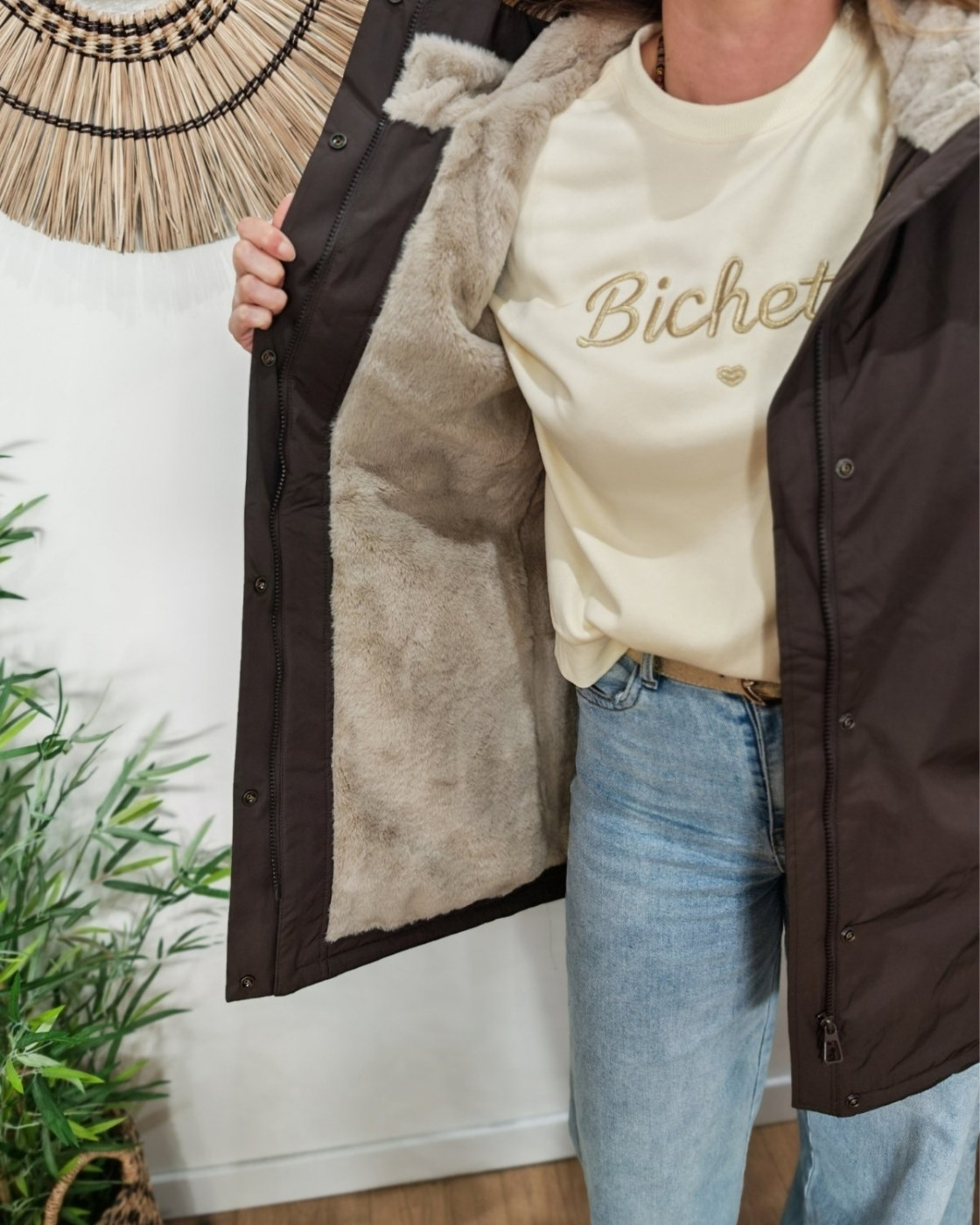 Parka longue femme marron fourrée beige Branca