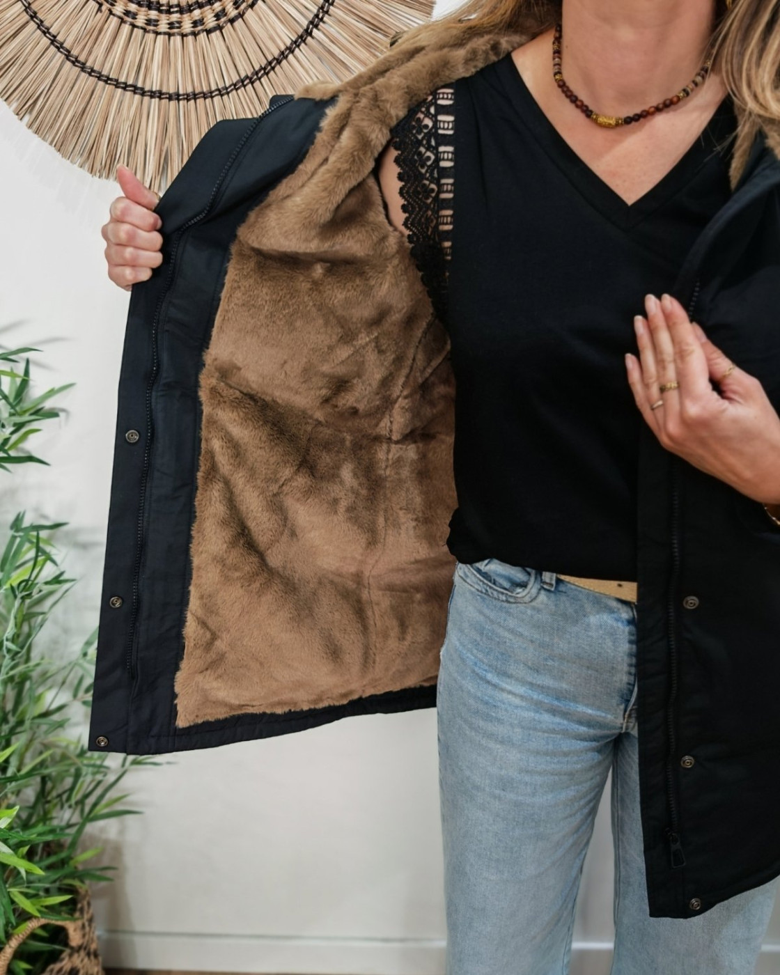 Parka longue femme noire fourrée camel Branca