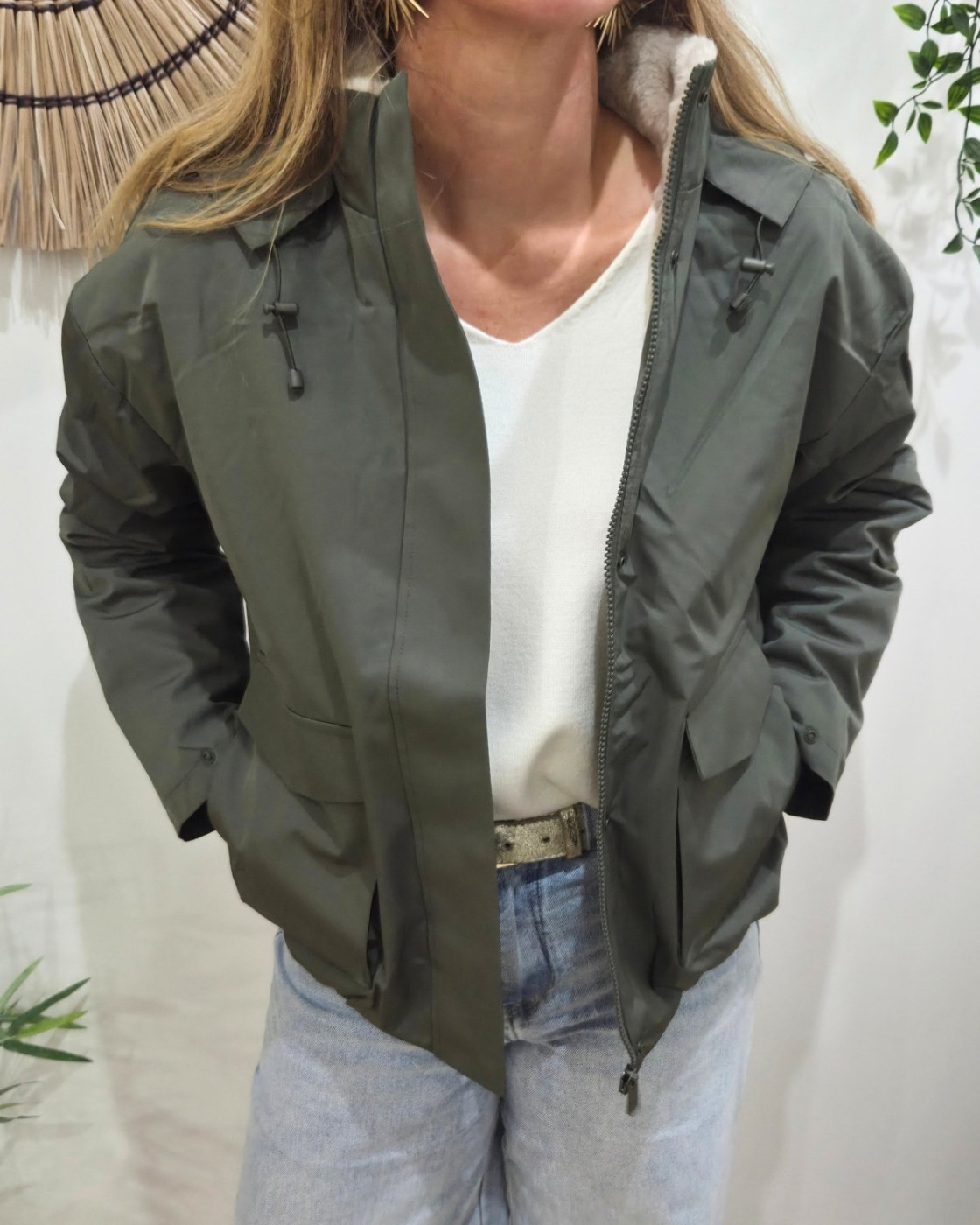 Parka femme kaki fourrée beige Florbela