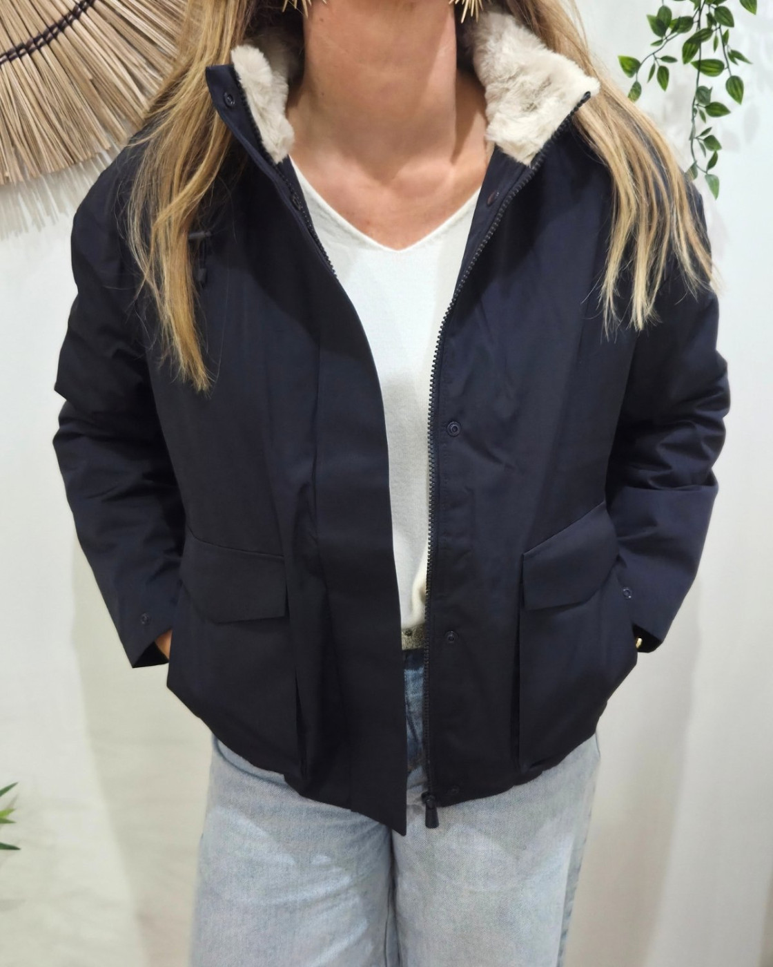 Parka femme marine fourrée beige Florbela