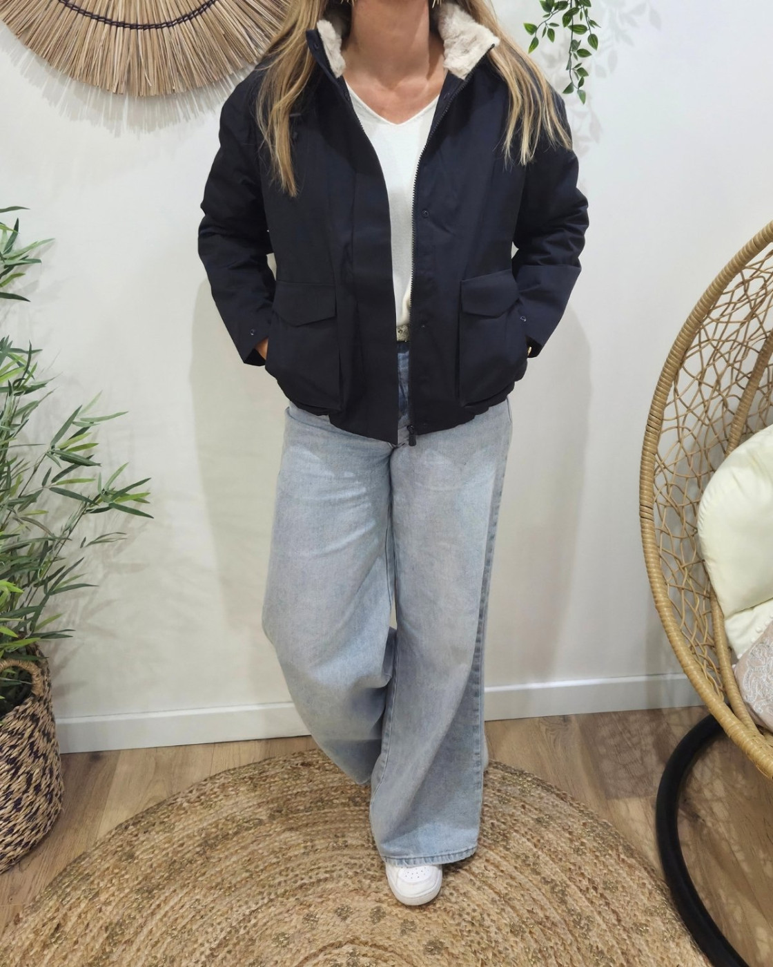 Parka femme marine fourrée beige Florbela