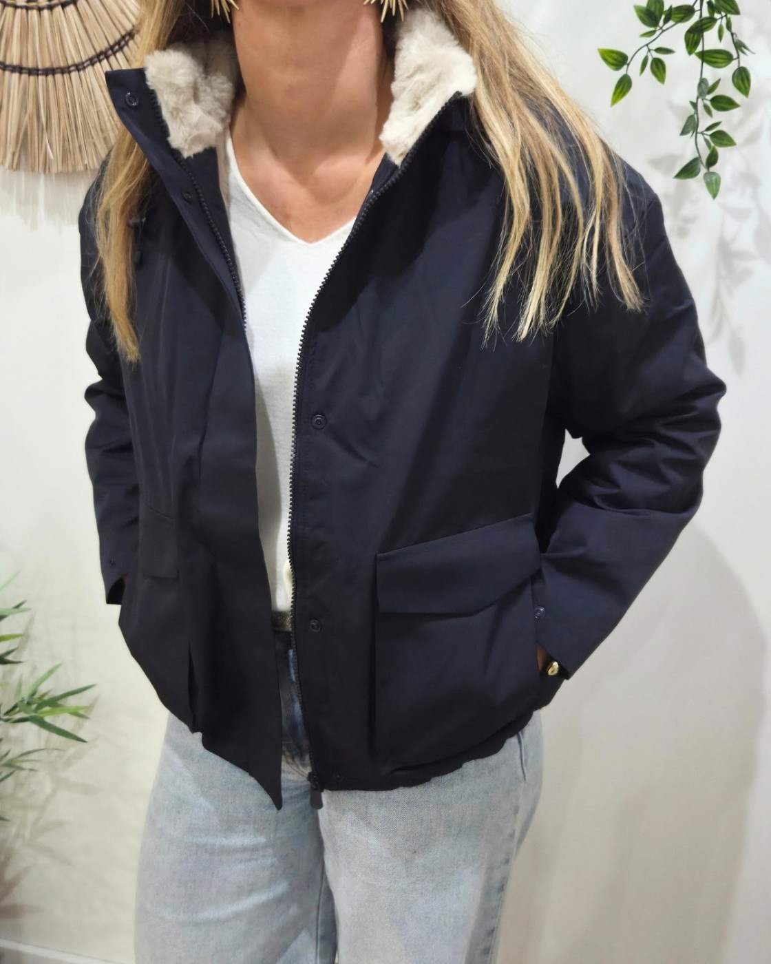 Parka femme marine fourrée beige Florbela