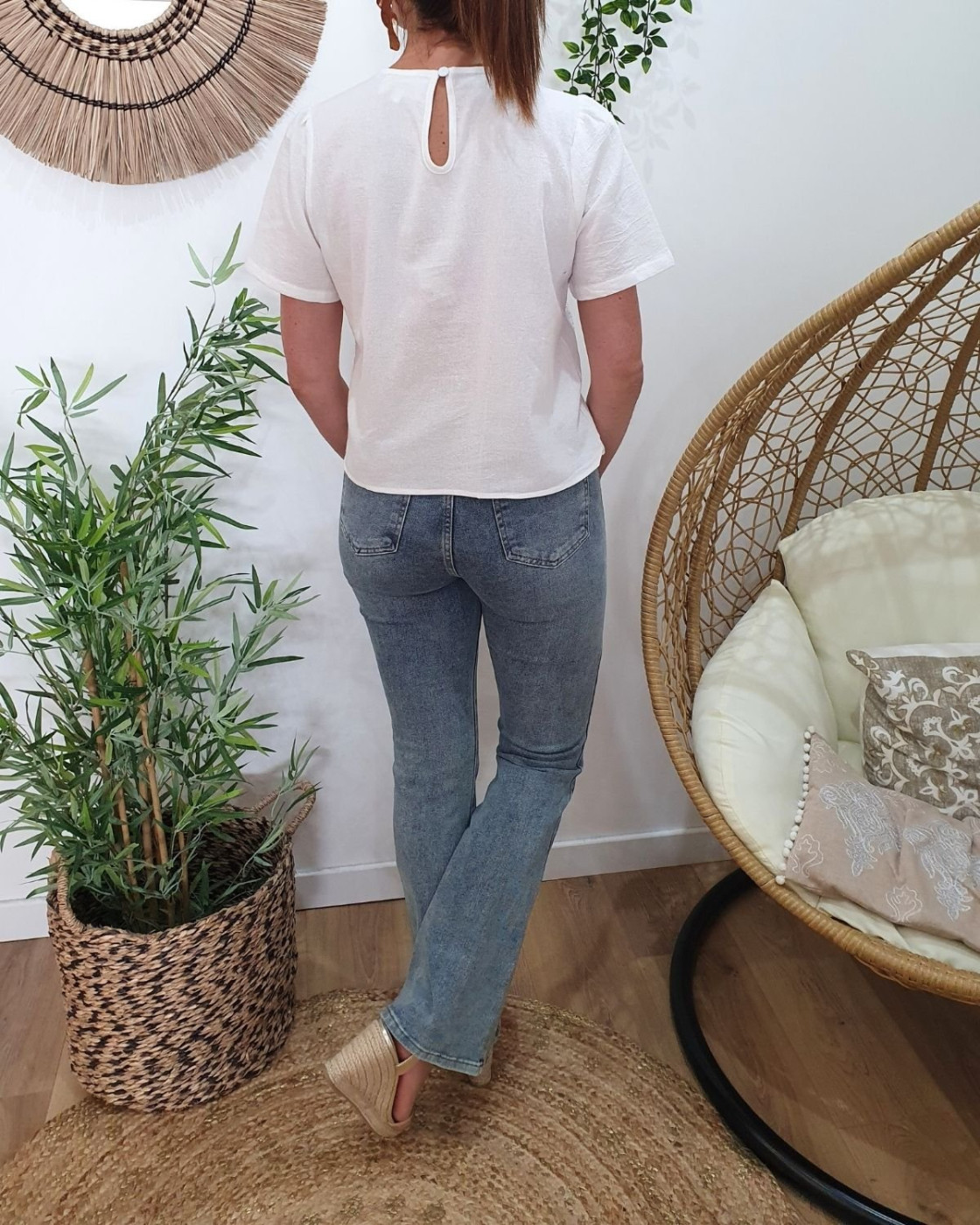 Jean femme bleu gris délavé flare coupe confort