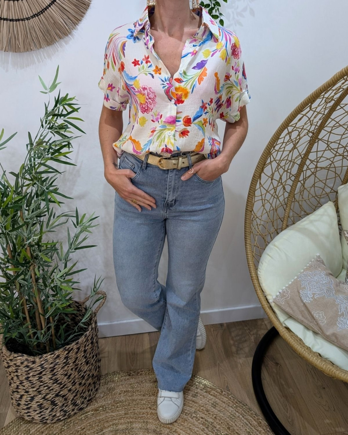 Jean femme bleu clair wide leg effet coupé