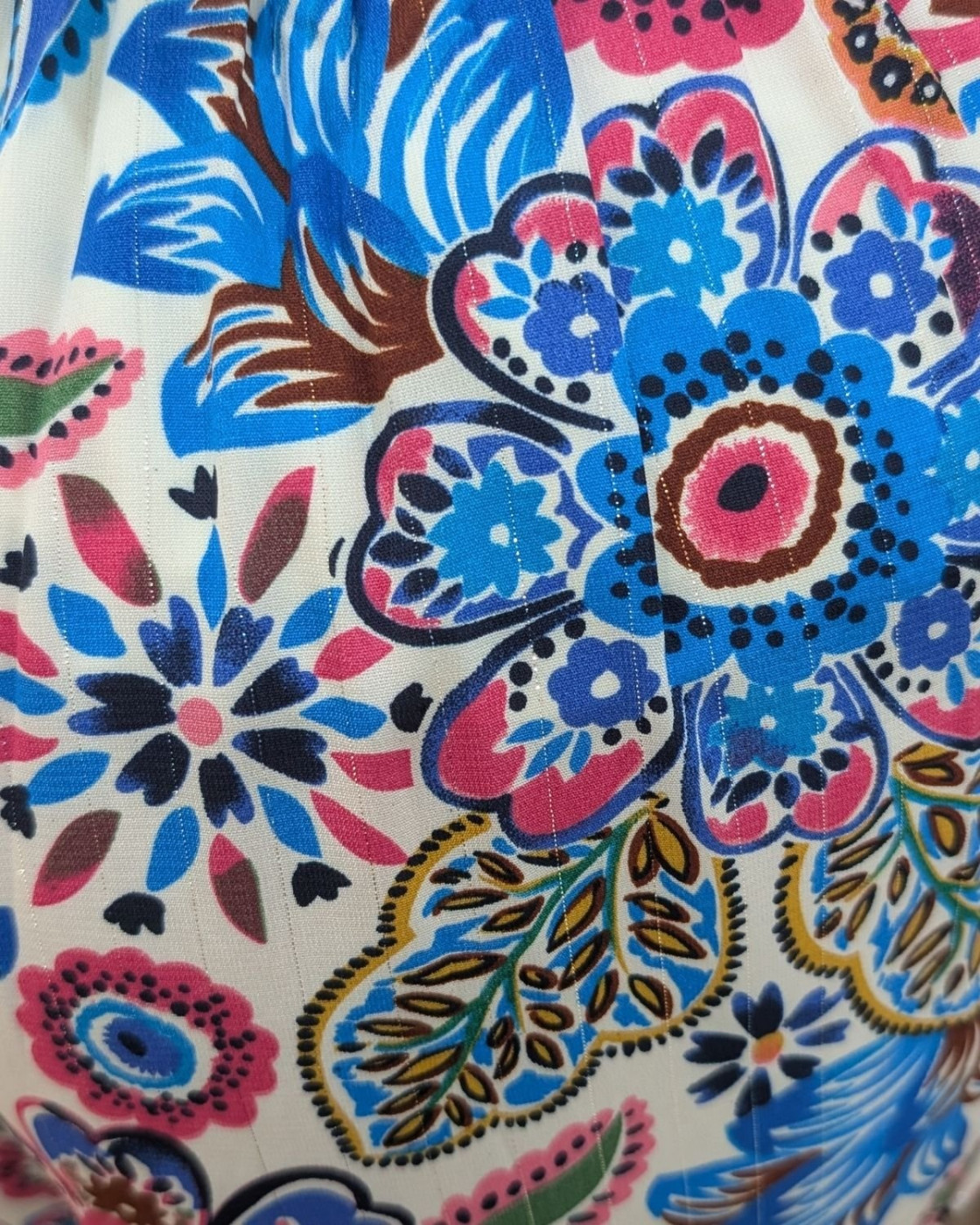 Pantalon femme fluide écru fleuri bleu et rose Ambroise