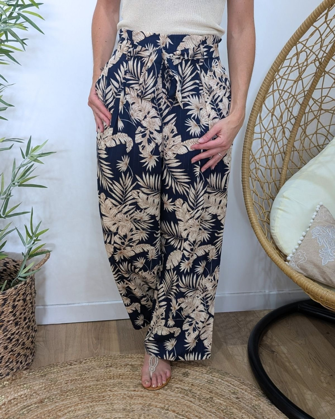 Pantalon femme fluide marine et beige Zénaëlle