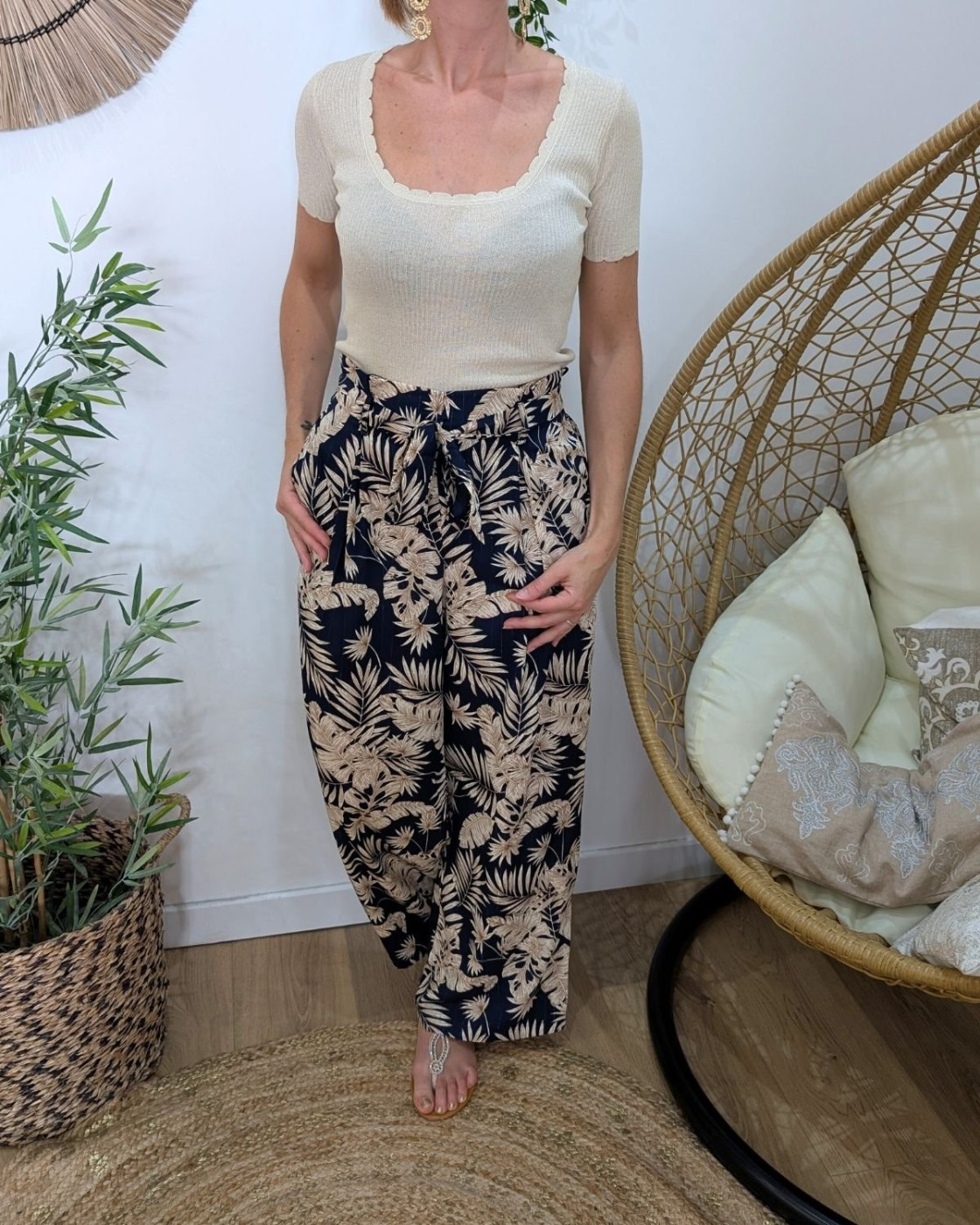 Pantalon femme fluide marine et beige Zénaëlle