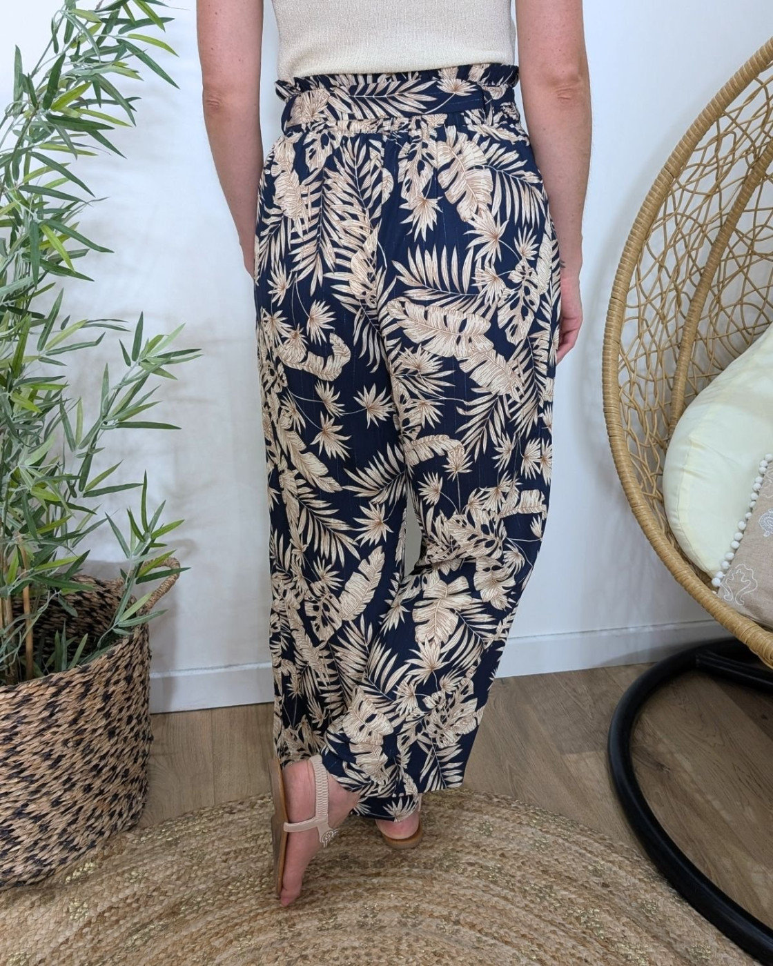 Pantalon femme fluide marine et beige Zénaëlle