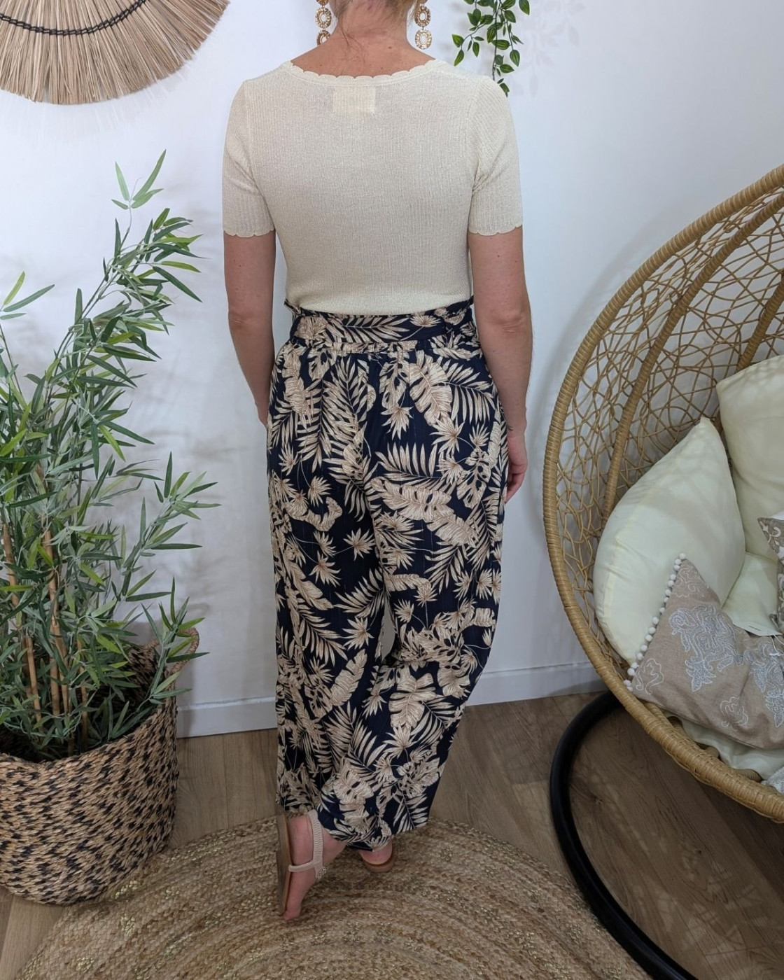 Pantalon femme fluide marine et beige Zénaëlle