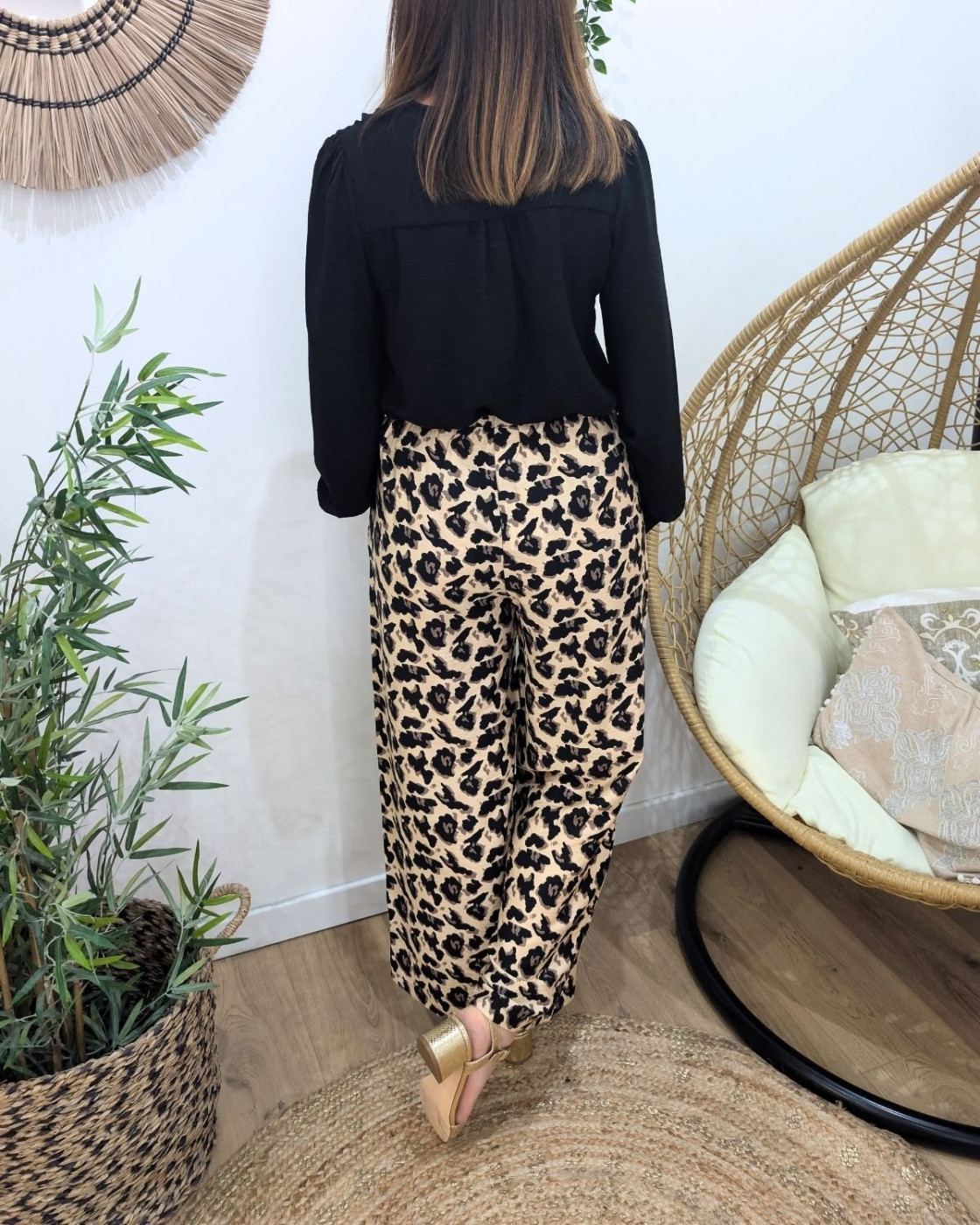 Pantalon fluide femme léopard beige taupe noir