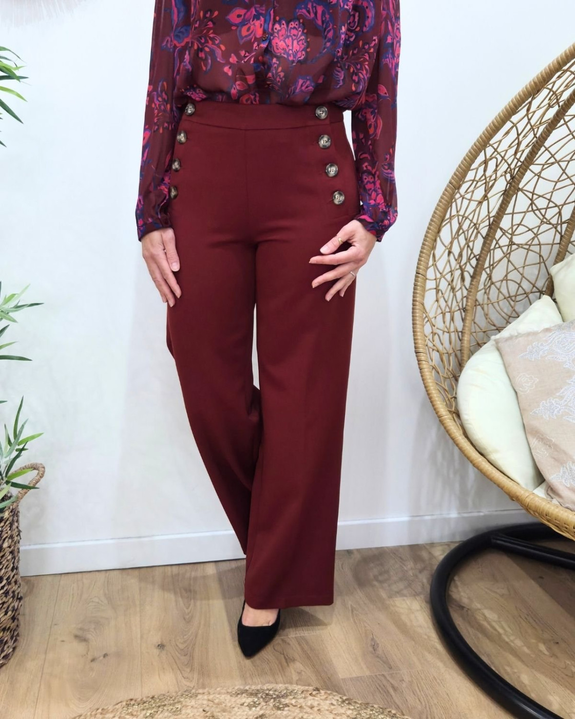 Pantalon femme terracotta fluide taille haute boutonné Dina