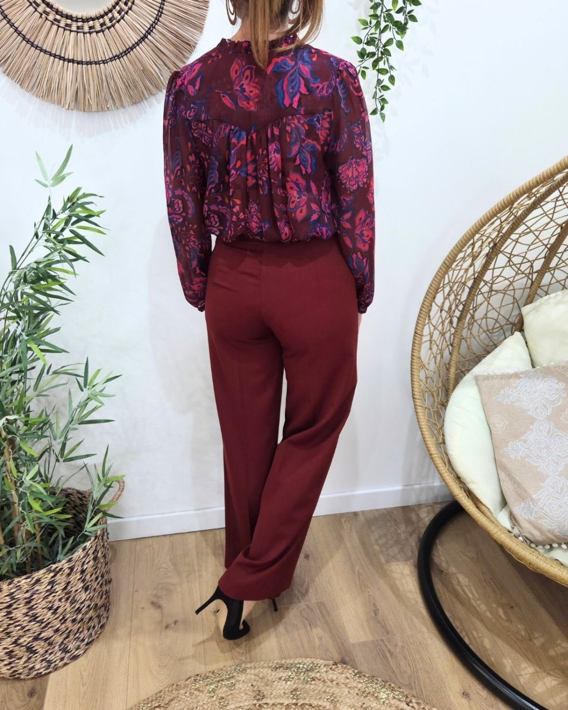 Pantalon femme terracotta fluide taille haute boutonné Dina
