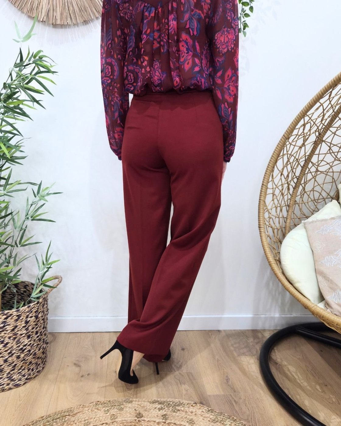 Pantalon femme terracotta fluide taille haute boutonné Dina