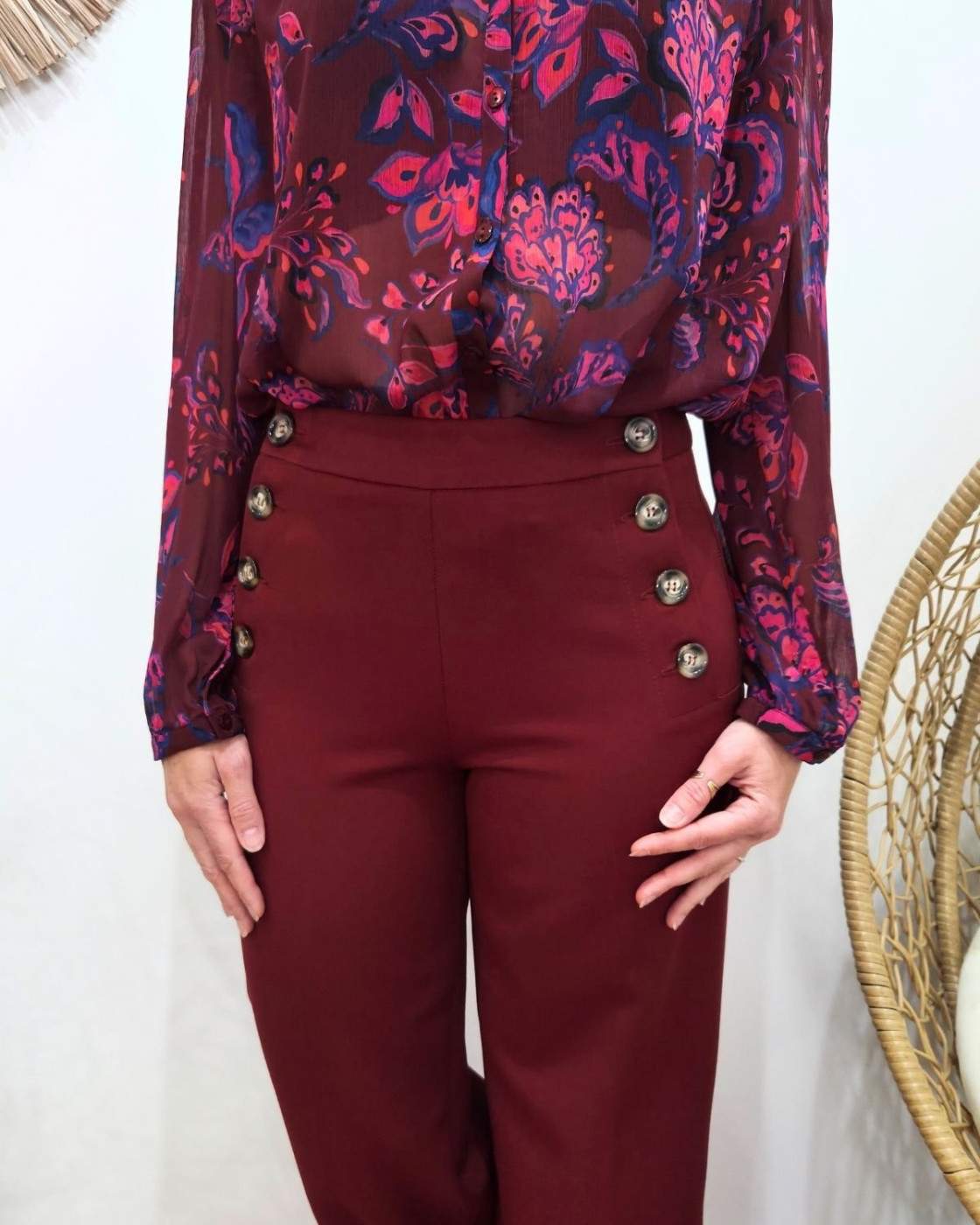 Pantalon femme terracotta fluide taille haute boutonné Dina