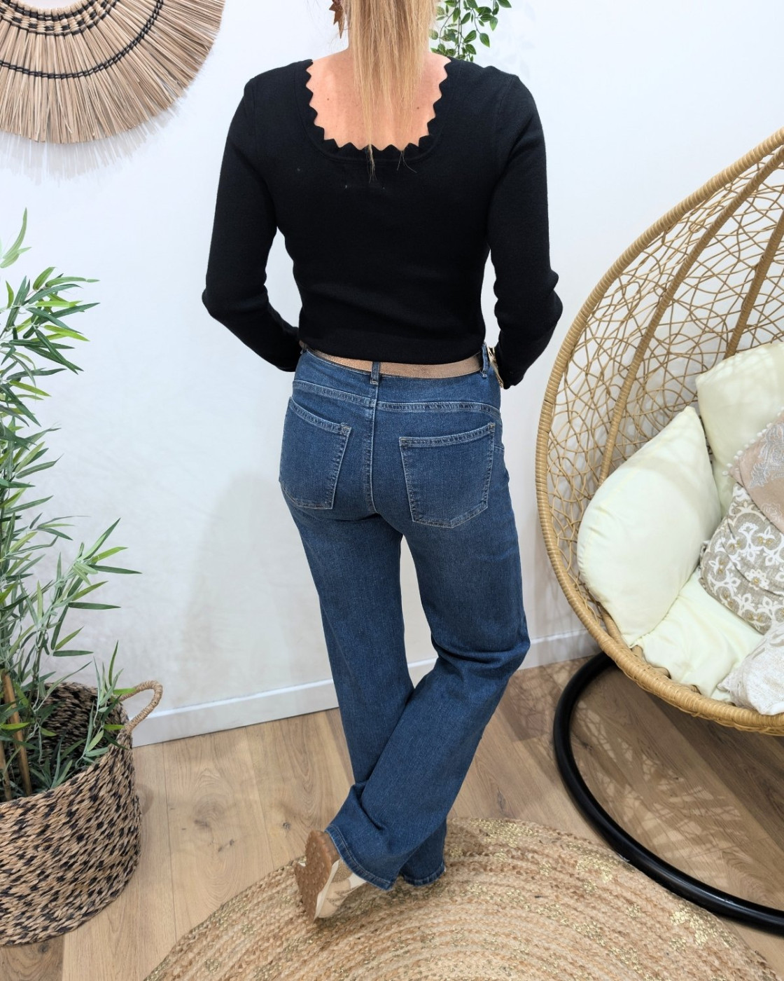 Jean femme Wide leg bleu foncé délavé coupe confort