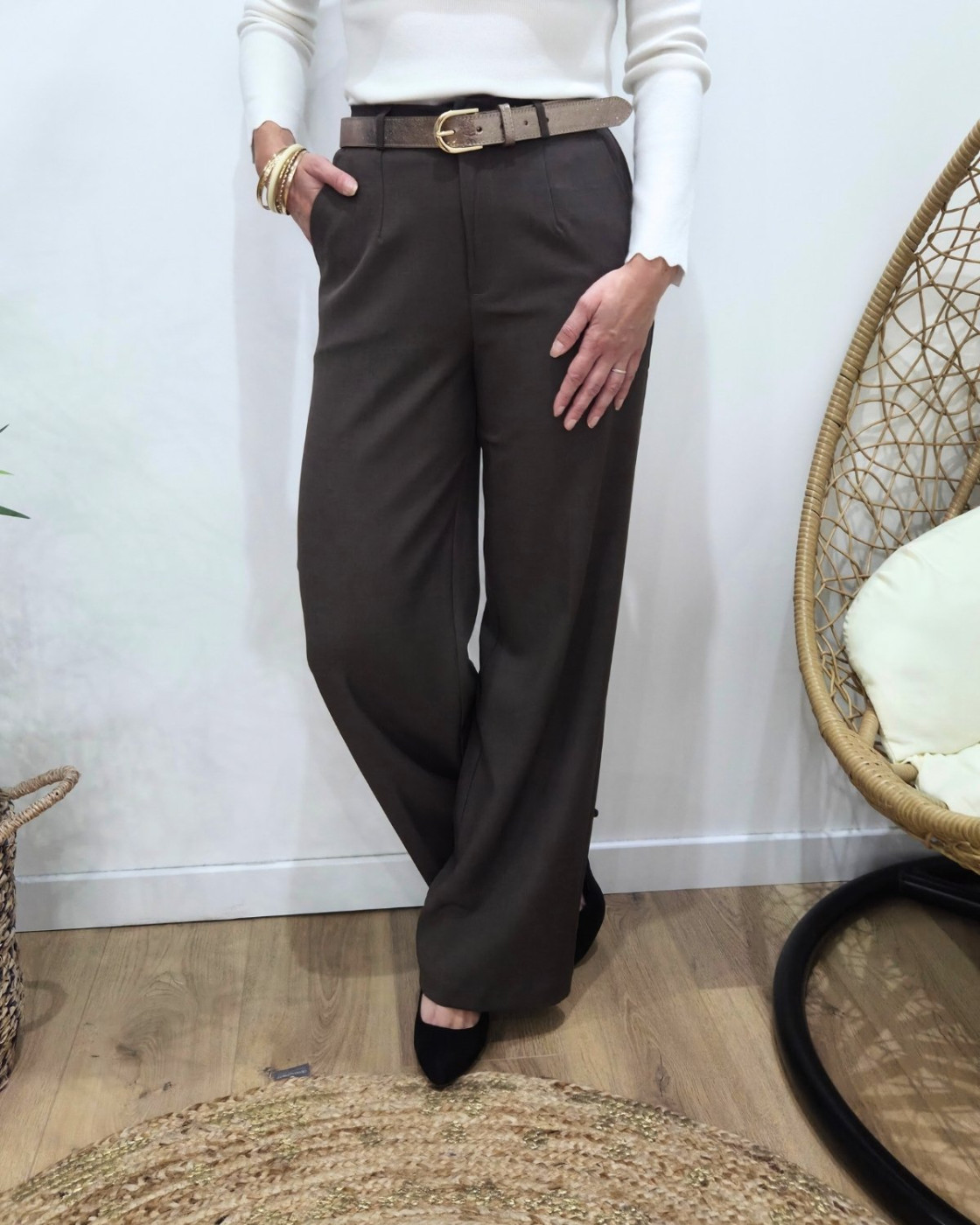 Pantalon fluide femme marron glacé coupe confort