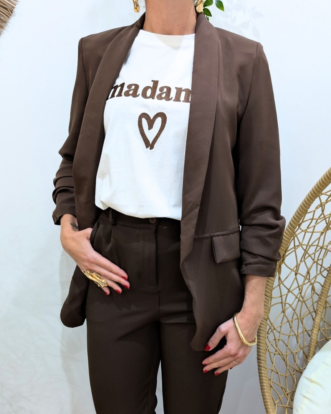 Blazer femme manches plissées marron choco