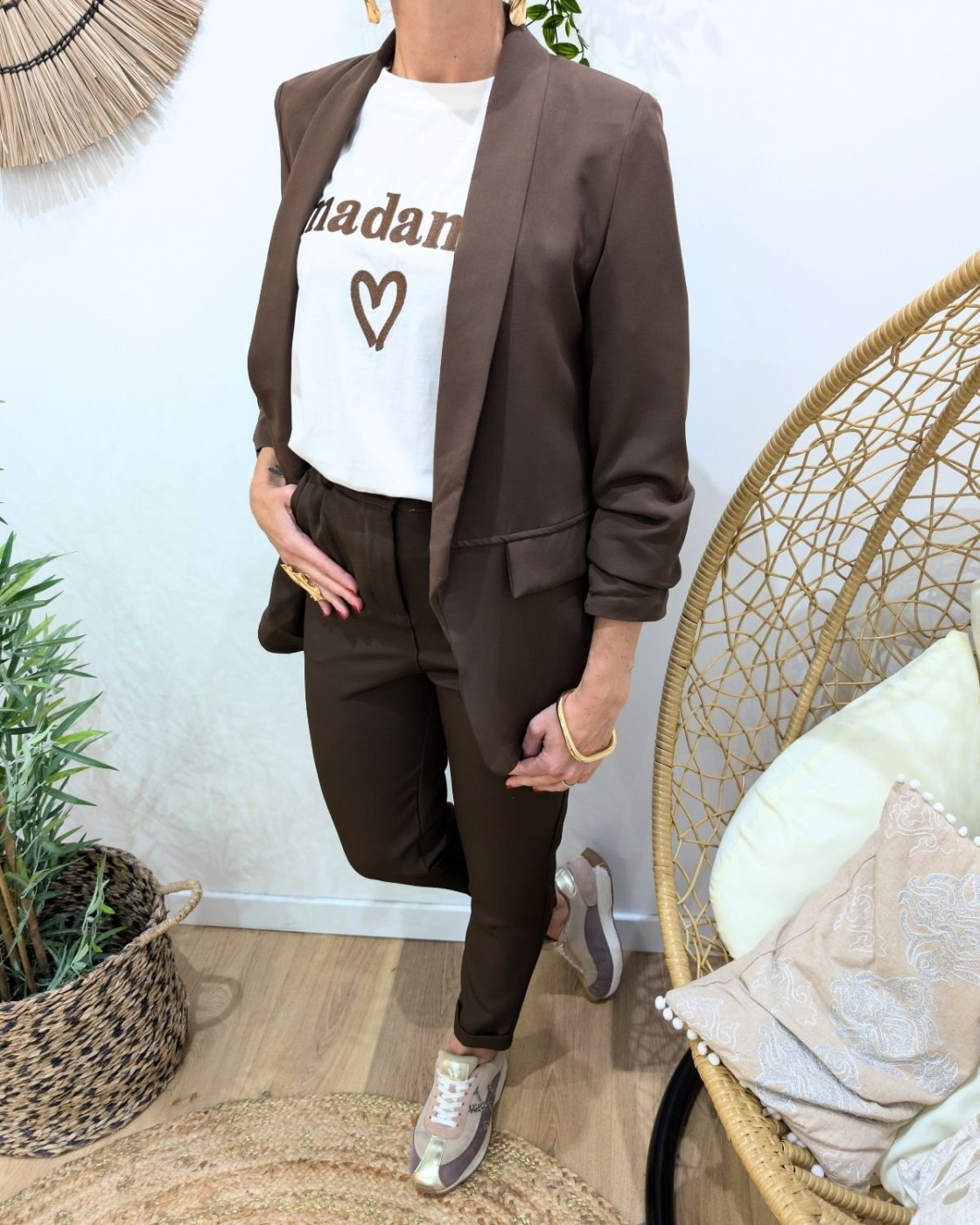 Blazer femme manches plissées marron choco