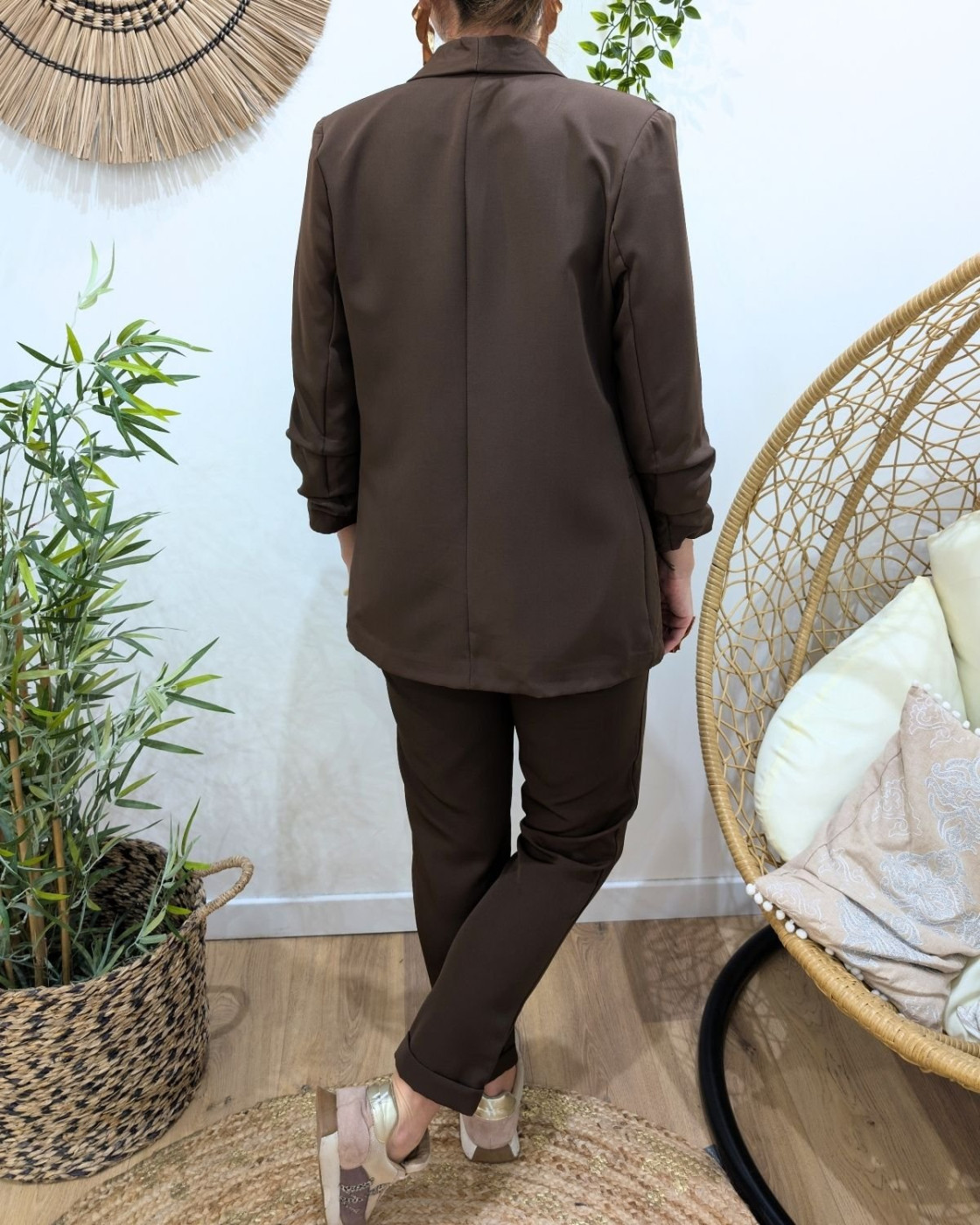 Blazer femme manches plissées marron choco