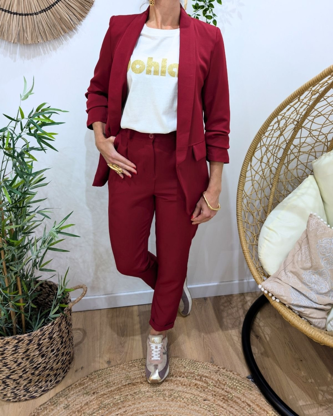 Blazer femme manches plissées rouge bordeaux