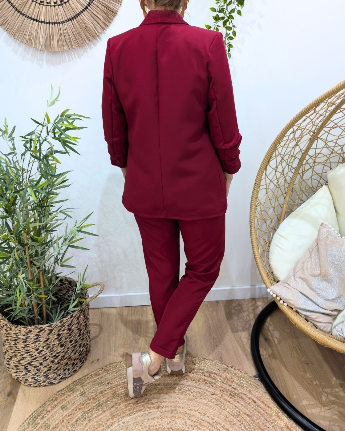 Blazer femme manches plissées rouge bordeaux