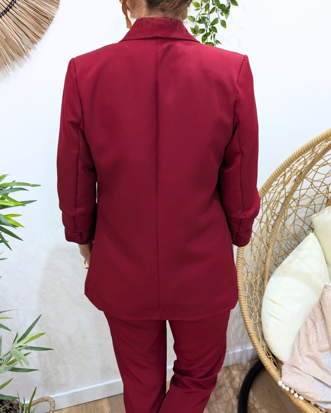 Blazer femme manches plissées rouge bordeaux