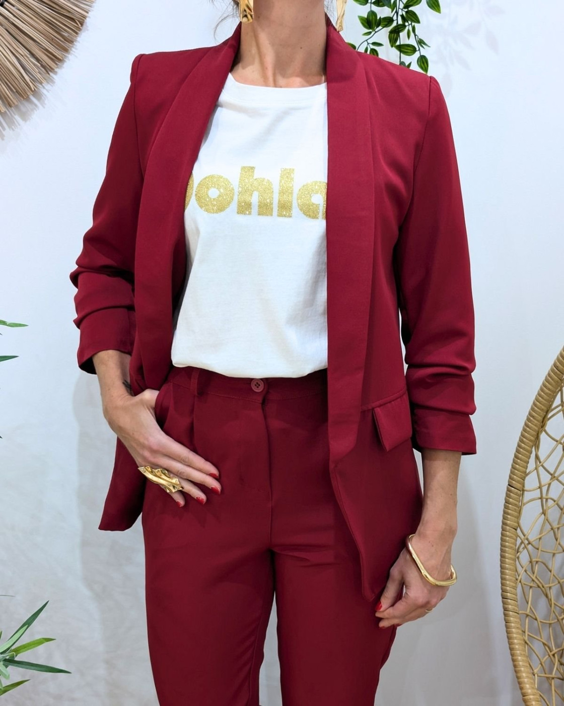 Blazer femme manches plissées rouge bordeaux