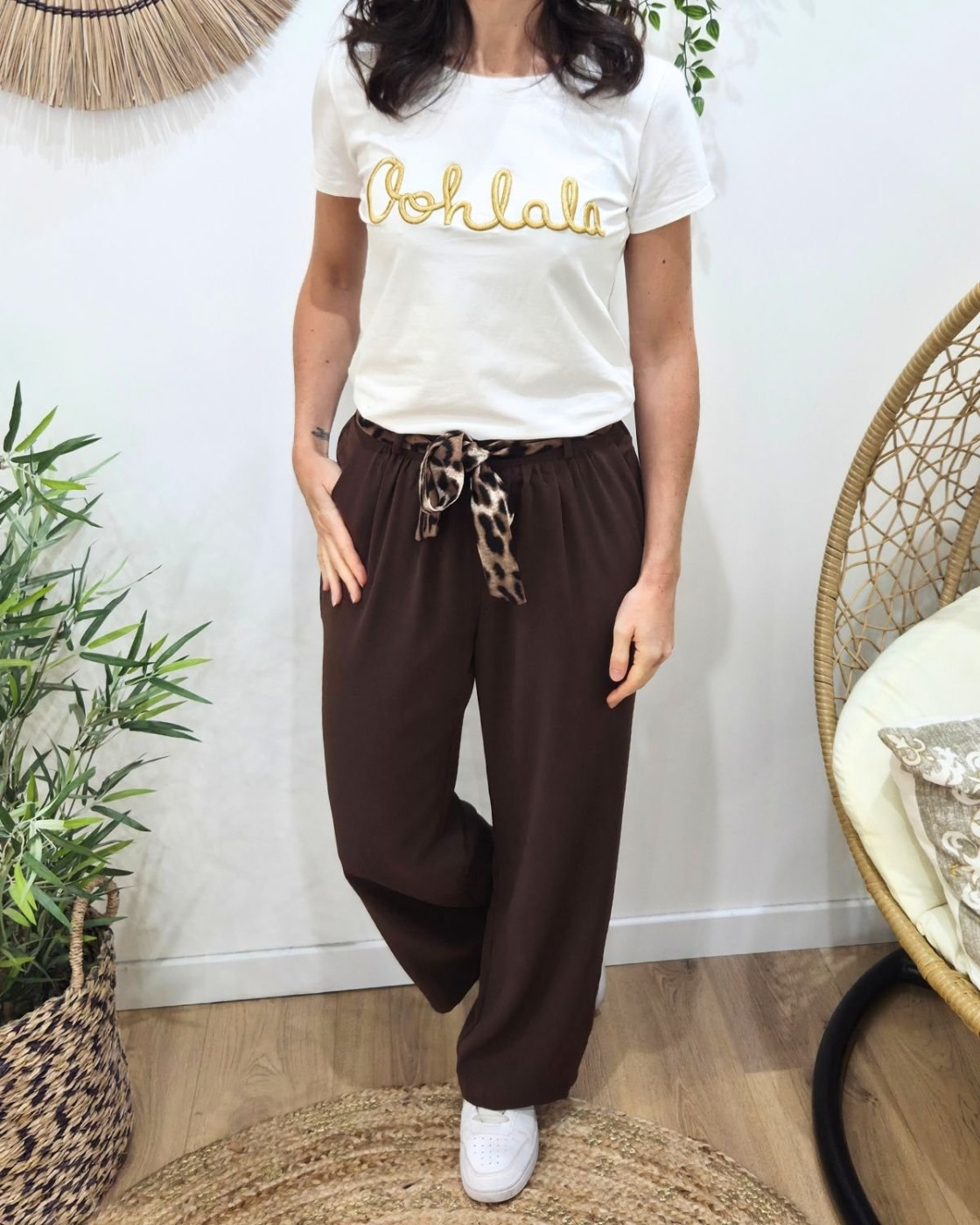 Pantalon fluide femme large marron ceinture à motifs Maïra